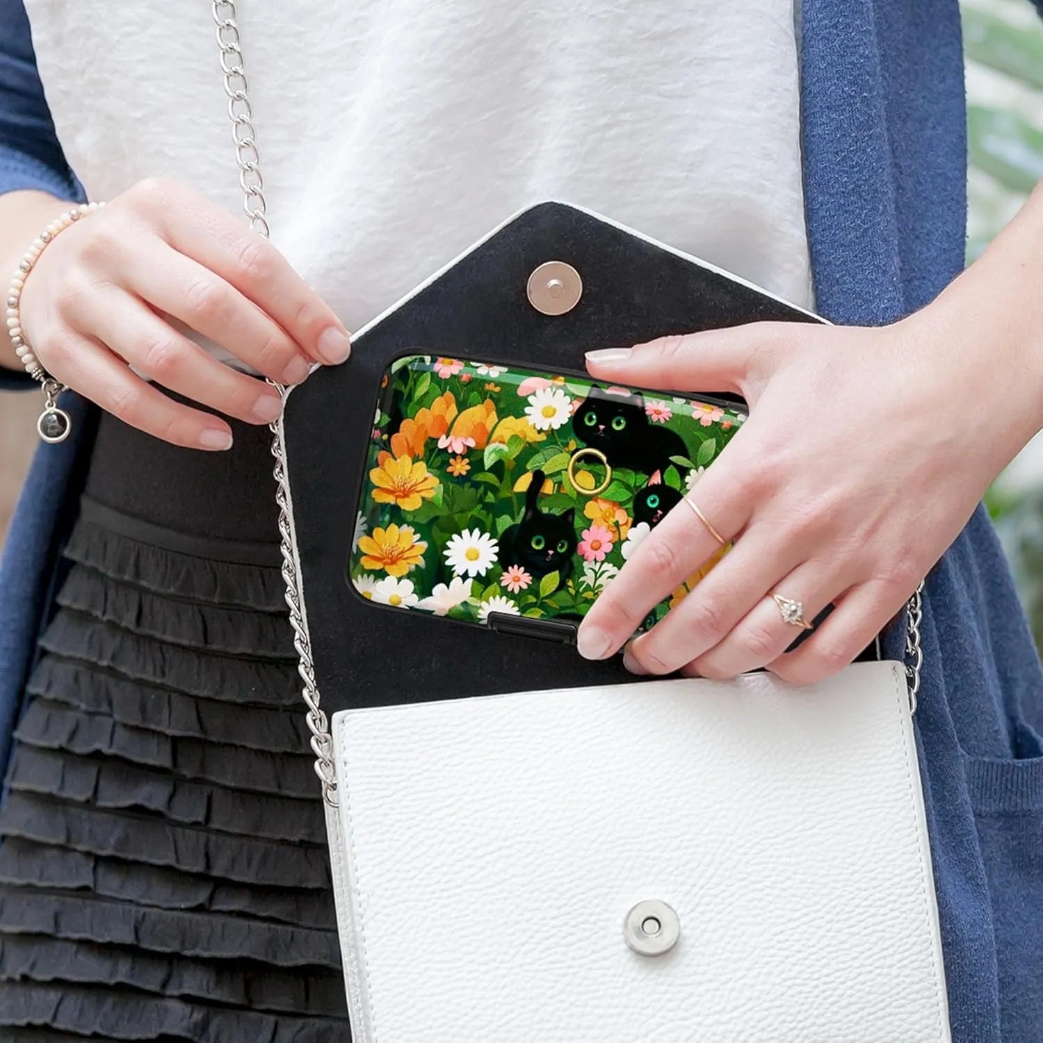 Mayski Credit Card Holder, RFID Blocking, Aluminum Alloy Hard Case, Small Mini Business Metal Wallet for Women Men, Black Cat Flower