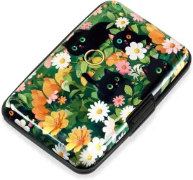 Mayski Credit Card Holder, RFID Blocking, Aluminum Alloy Hard Case, Small Mini Business Metal Wallet for Women Men, Black Cat Flower