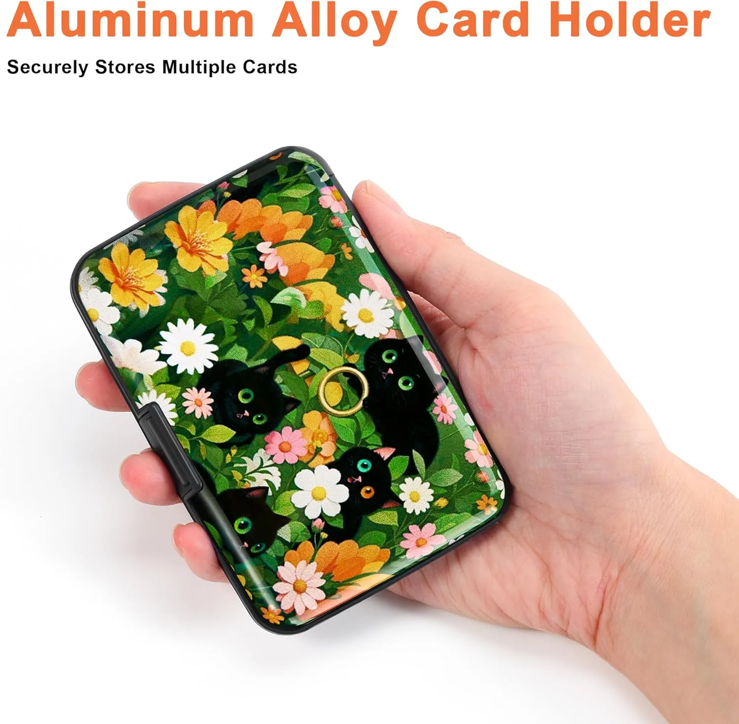 Mayski Credit Card Holder, RFID Blocking, Aluminum Alloy Hard Case, Small Mini Business Metal Wallet for Women Men, Black Cat Flower