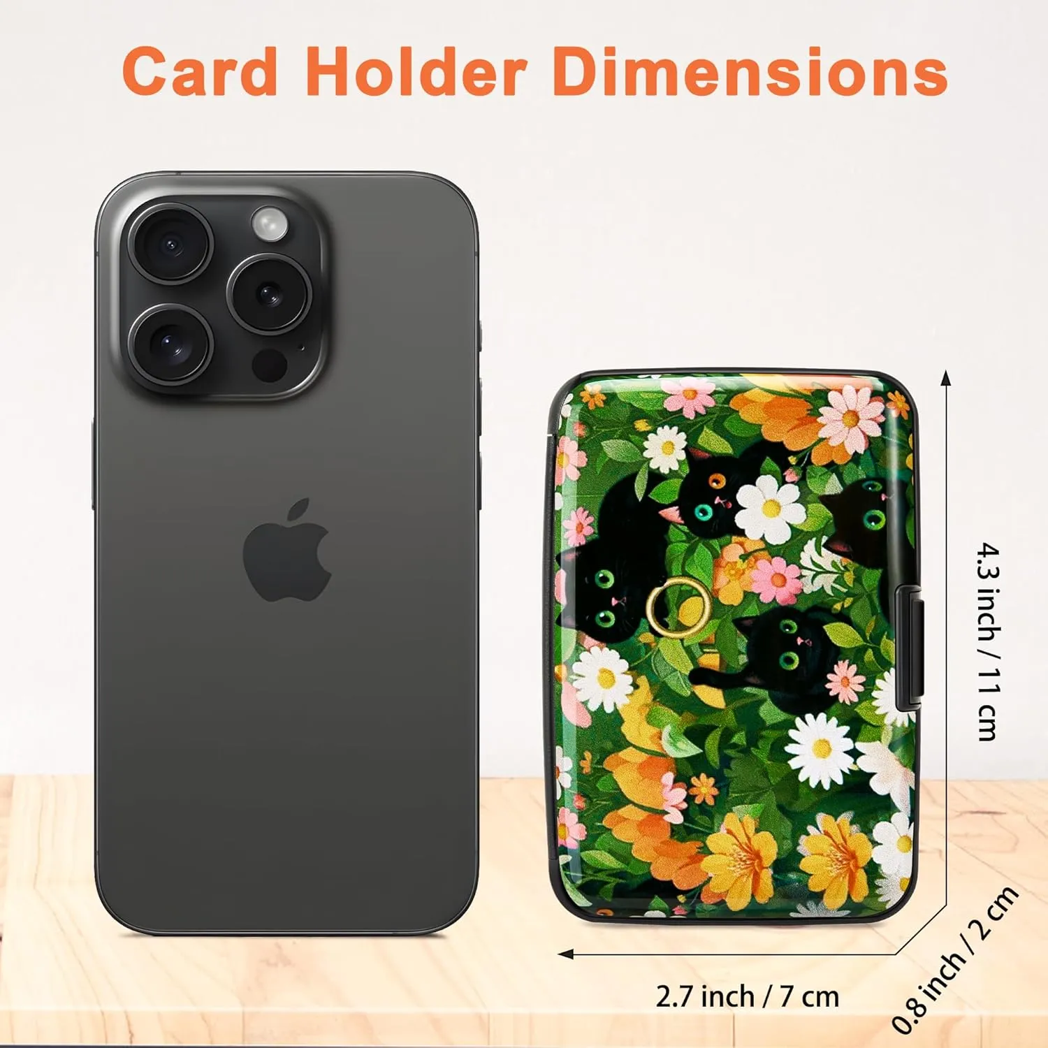 Mayski Credit Card Holder, RFID Blocking, Aluminum Alloy Hard Case, Small Mini Business Metal Wallet for Women Men, Black Cat Flower