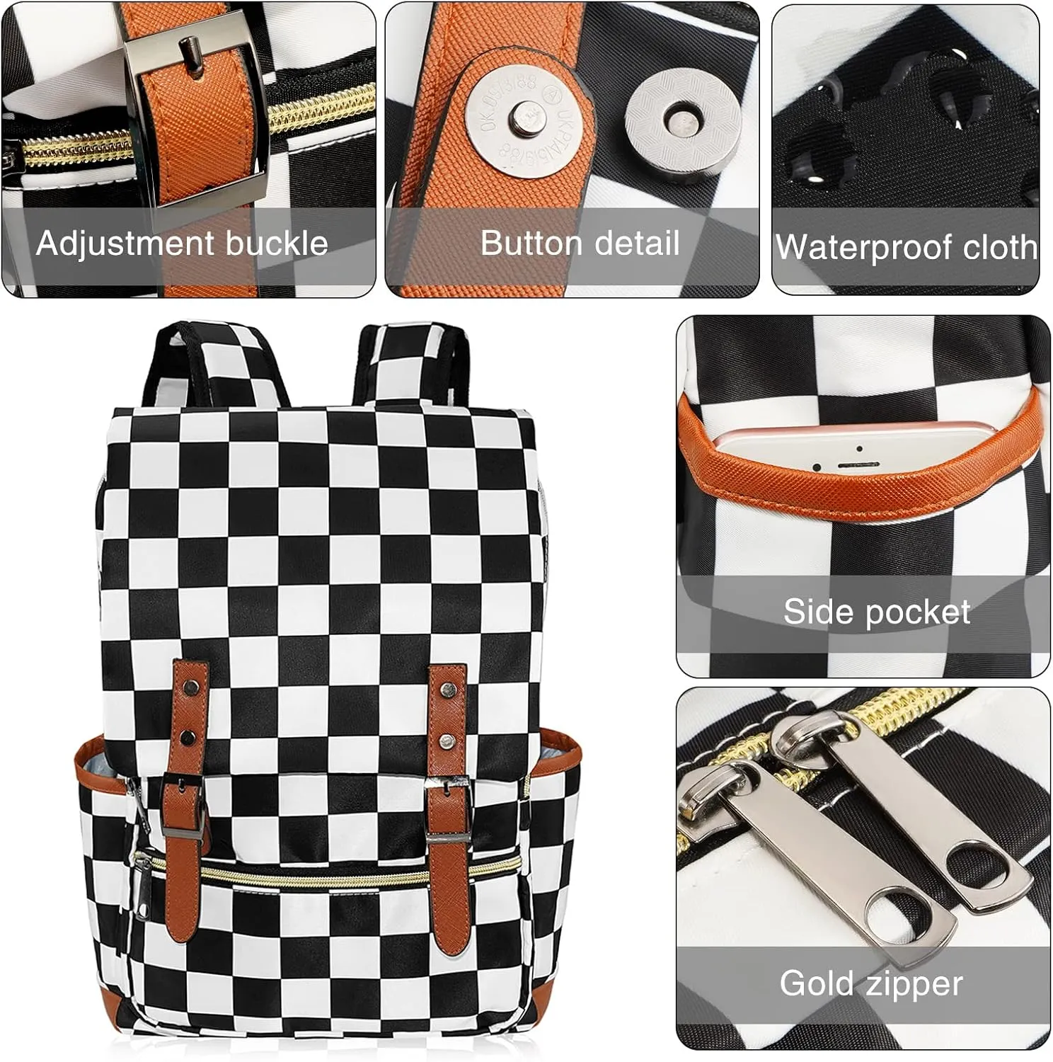 MCWTH Checkered School Backpack for Girls Women, 15.6 inch Laptop Backpacks Bookbags for College Travel