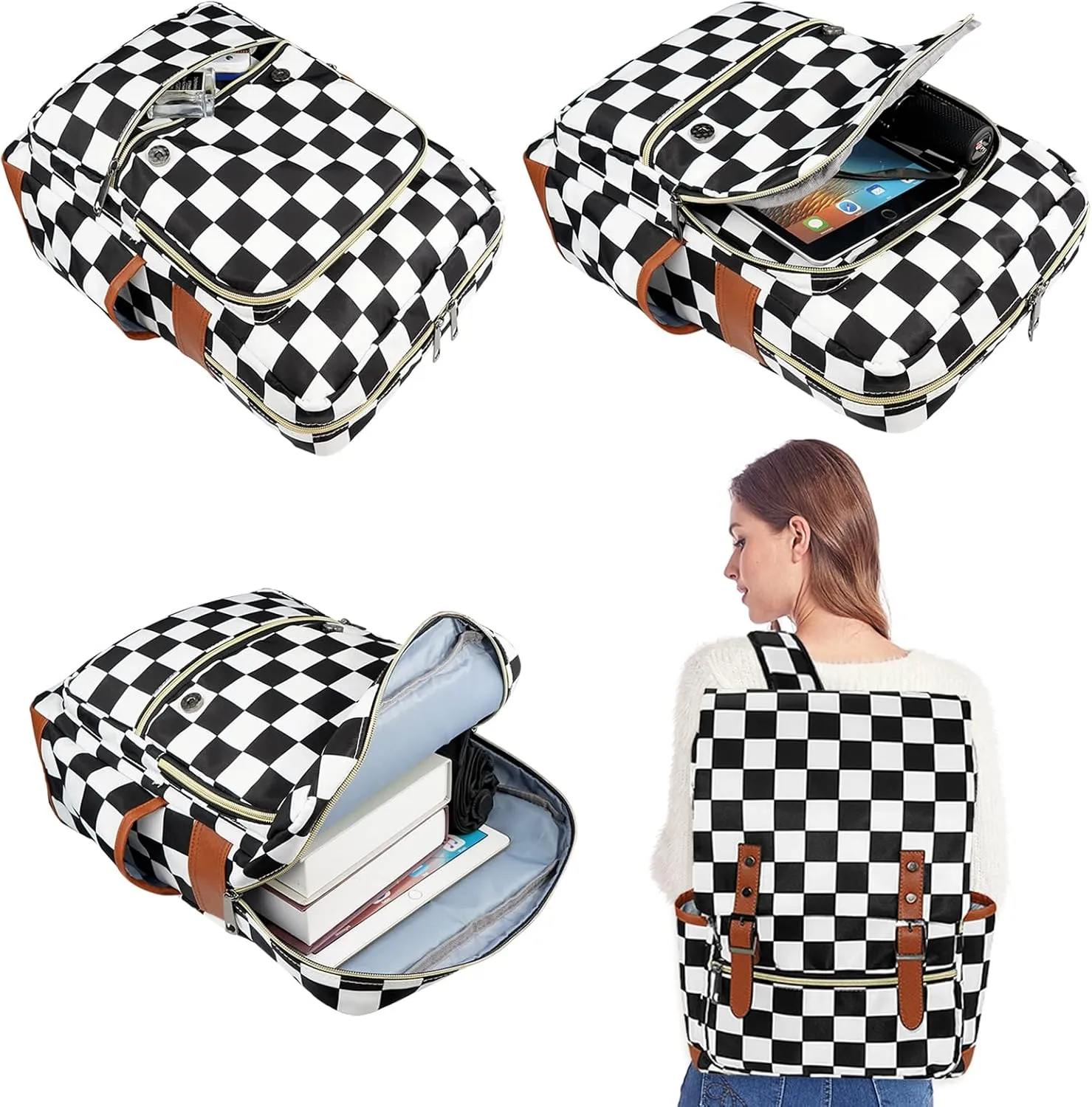 MCWTH Checkered School Backpack for Girls Women, 15.6 inch Laptop Backpacks Bookbags for College Travel