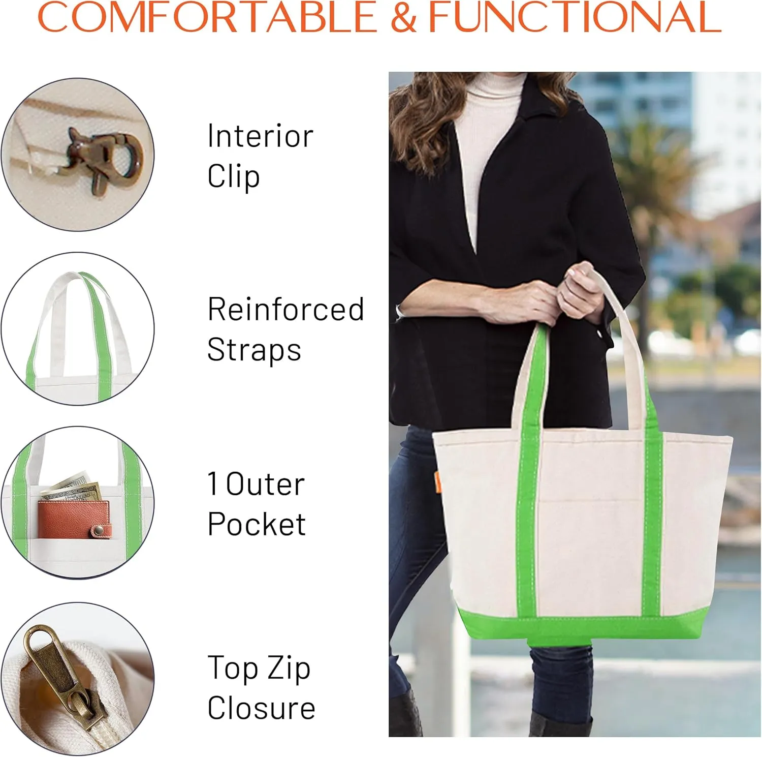 Medium Classic Canvas Tote Bag for Women, Top Zipper Closure, Outer Pocket, Daily Essentials, Groceries, Traveling