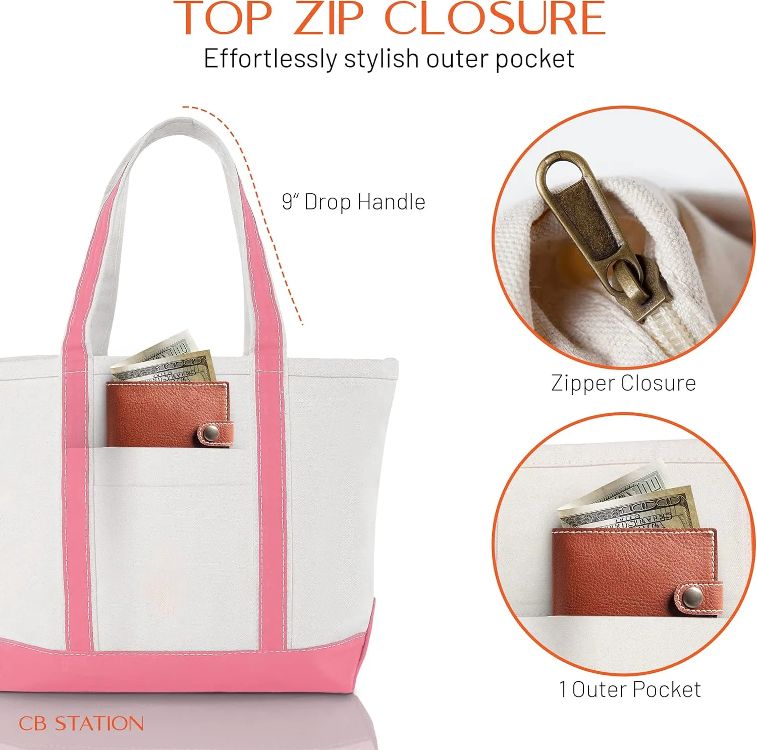 Medium Classic Canvas Tote Bag for Women, Top Zipper Closure, Outer Pocket, Daily Essentials, Groceries, Traveling