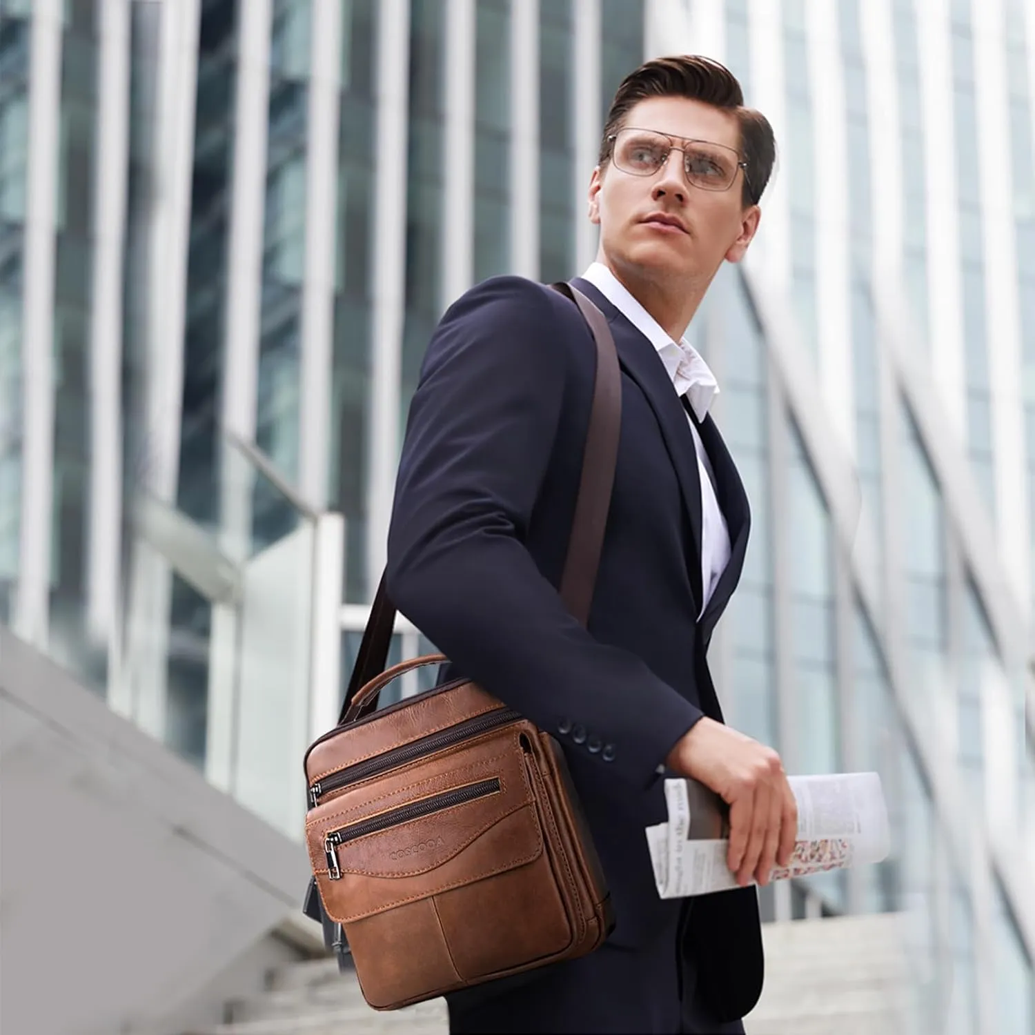 Men's Leather Crossbody Shoulder Bag - Messenger Satchel Travel Handbag