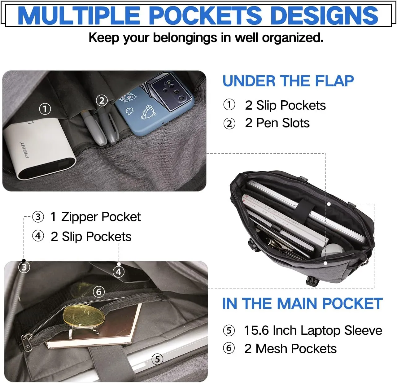Messenger Bag for Men, Lightweight Water Resistant 15.6 In Laptop Bag Business Office Satchel Shoulder Bag