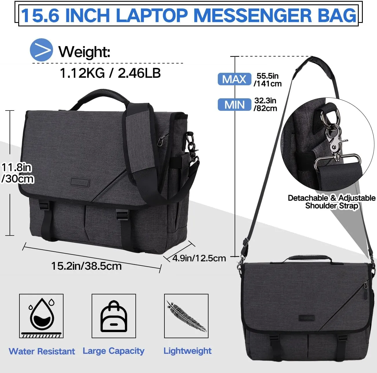 Messenger Bag for Men, Lightweight Water Resistant 15.6 In Laptop Bag Business Office Satchel Shoulder Bag