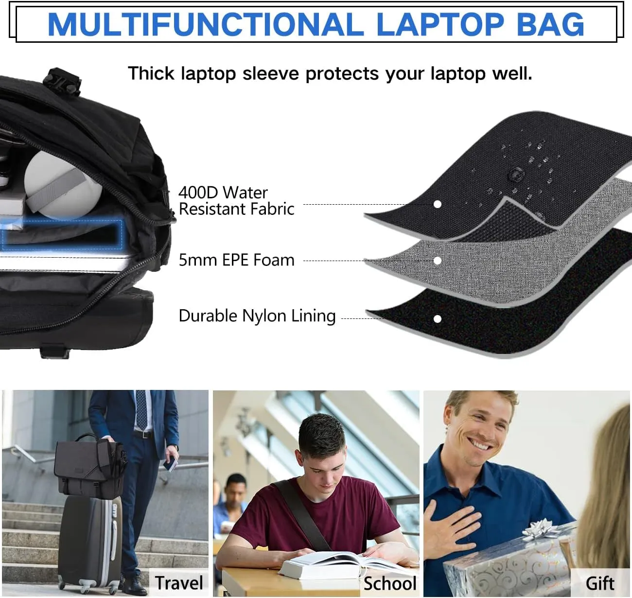 Messenger Bag for Men, Lightweight Water Resistant 15.6 In Laptop Bag Business Office Satchel Shoulder Bag
