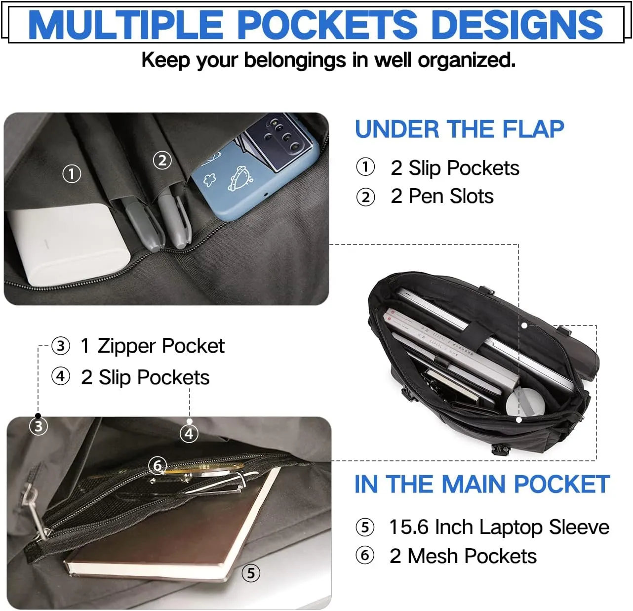Messenger Bag for Men, Lightweight Water Resistant 15.6 In Laptop Bag Business Office Satchel Shoulder Bag