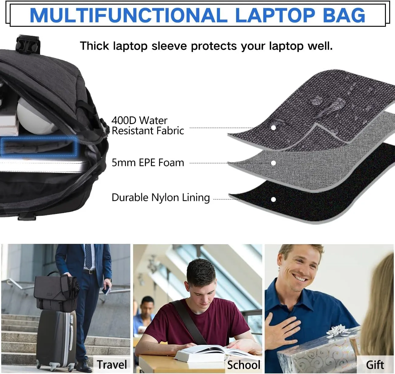 Messenger Bag for Men, Lightweight Water Resistant 15.6 In Laptop Bag Business Office Satchel Shoulder Bag