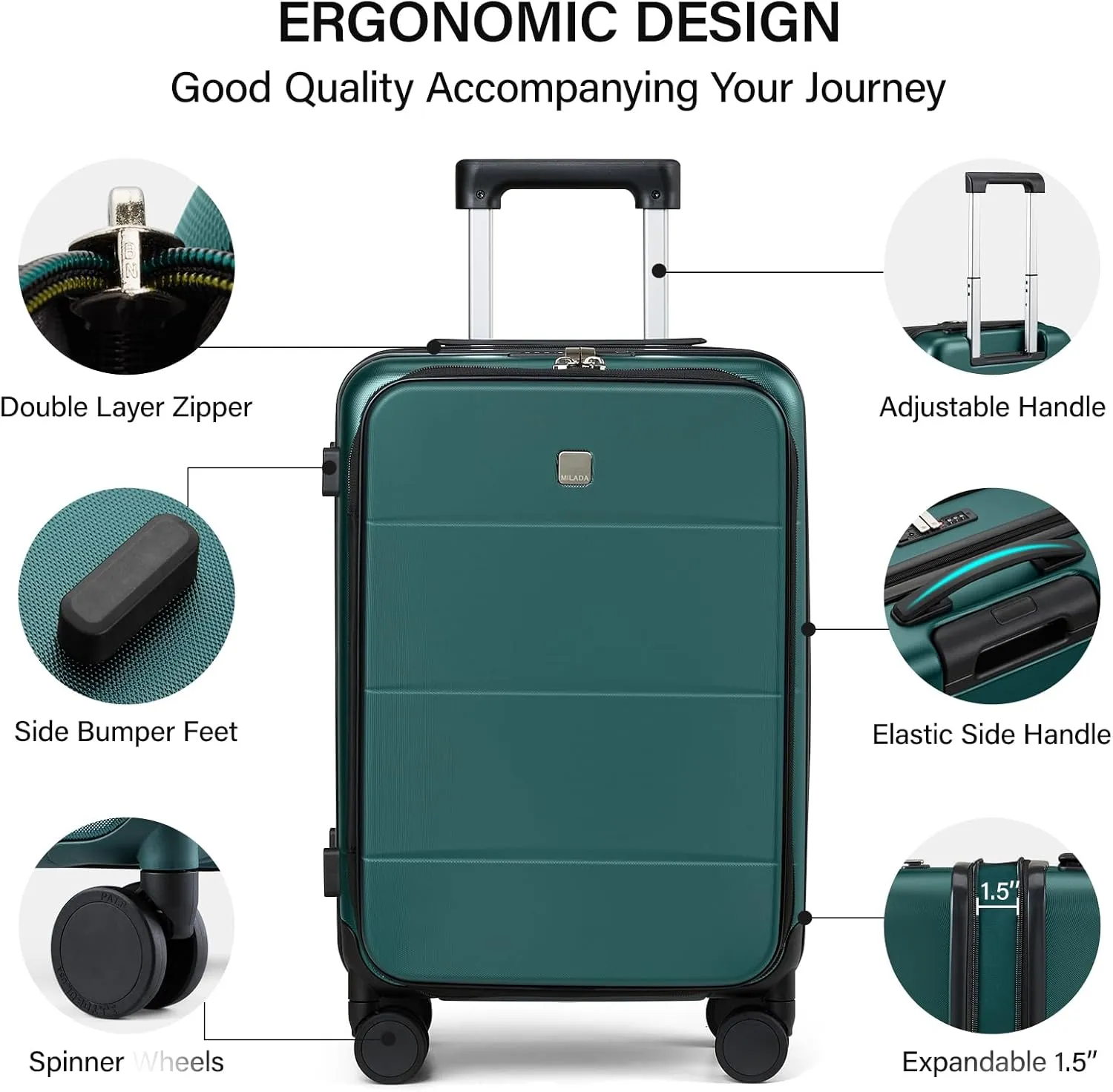 MILADA Expandable Carry On Luggage 22x14x9 Airline Approved Top Opening Hard Shell Suitcases TSA Carry On Luggage With Wheels 20 inch Carry On Suitcase Travel Luggage Carry On Bag, Blackish Green