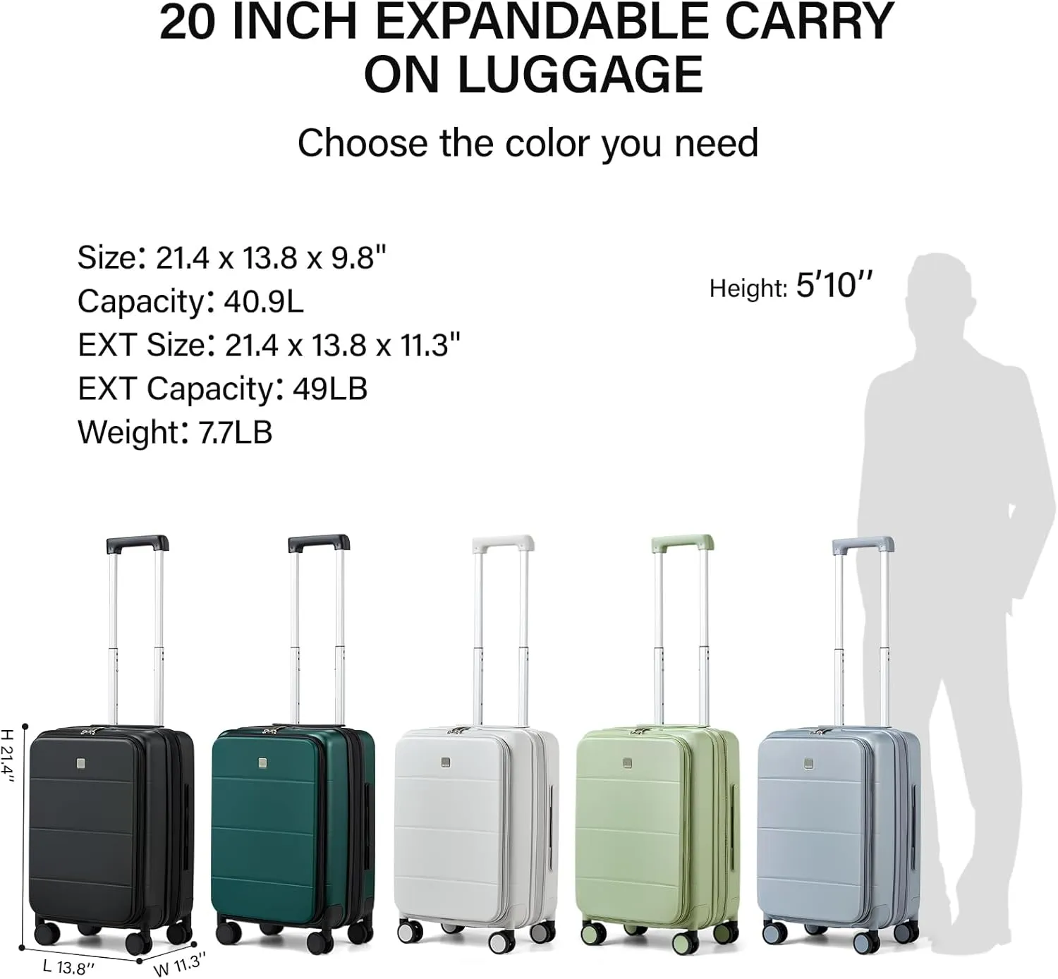 MILADA Expandable Carry On Luggage 22x14x9 Airline Approved Top Opening Hard Shell Suitcases TSA Carry On Luggage With Wheels 20 inch Carry On Suitcase Travel Luggage Carry On Bag, Blackish Green