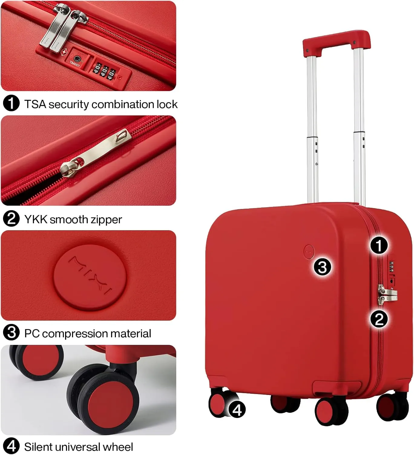 mixi Carry on Luggage, Suitcase with Spinner Wheels 16in Luggage Hardshell Lightweight Rolling Suitcases PC with Cover & TSA Lock, Red