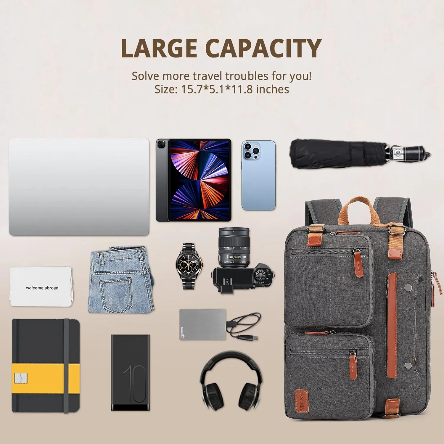 MOLNIA 15.6 inch Laptop Backpack,3 in 1 Briefcases For Men,Laptop Backpack, Messenger Bag,Computer Bags For Men Women, Dark Grey