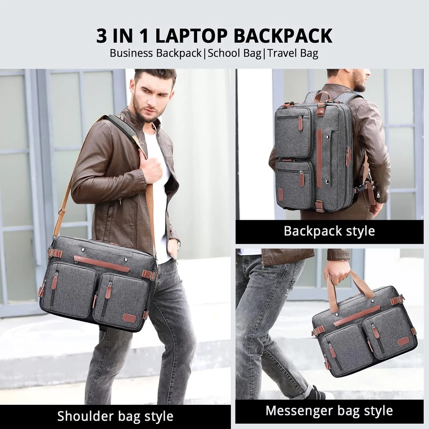 MOLNIA 15.6 inch Laptop Backpack,3 in 1 Briefcases For Men,Laptop Backpack, Messenger Bag,Computer Bags For Men Women, Dark Grey