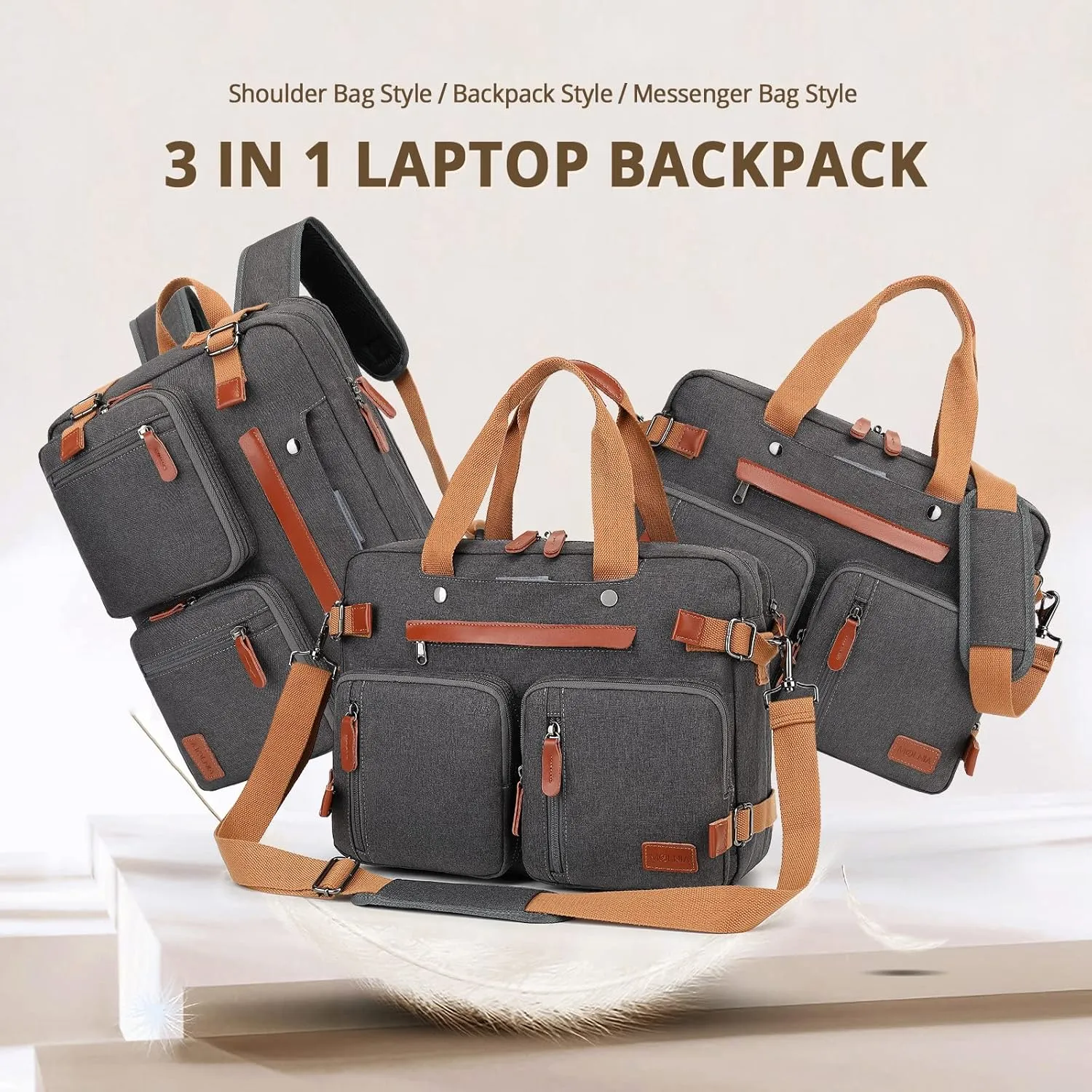 MOLNIA 15.6 inch Laptop Backpack,3 in 1 Briefcases For Men,Laptop Backpack, Messenger Bag,Computer Bags For Men Women, Dark Grey