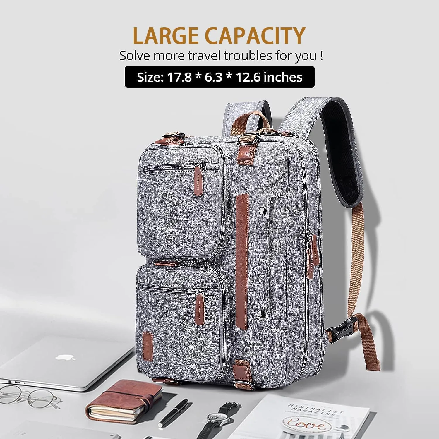 MOLNIA 3 in 1 Laptop Bag for Men, 17.3 inch Computer Bags for Men, Laptop Backpack, for Travel Business Work, Briefcases Messenger Bag for Men Women, Grey