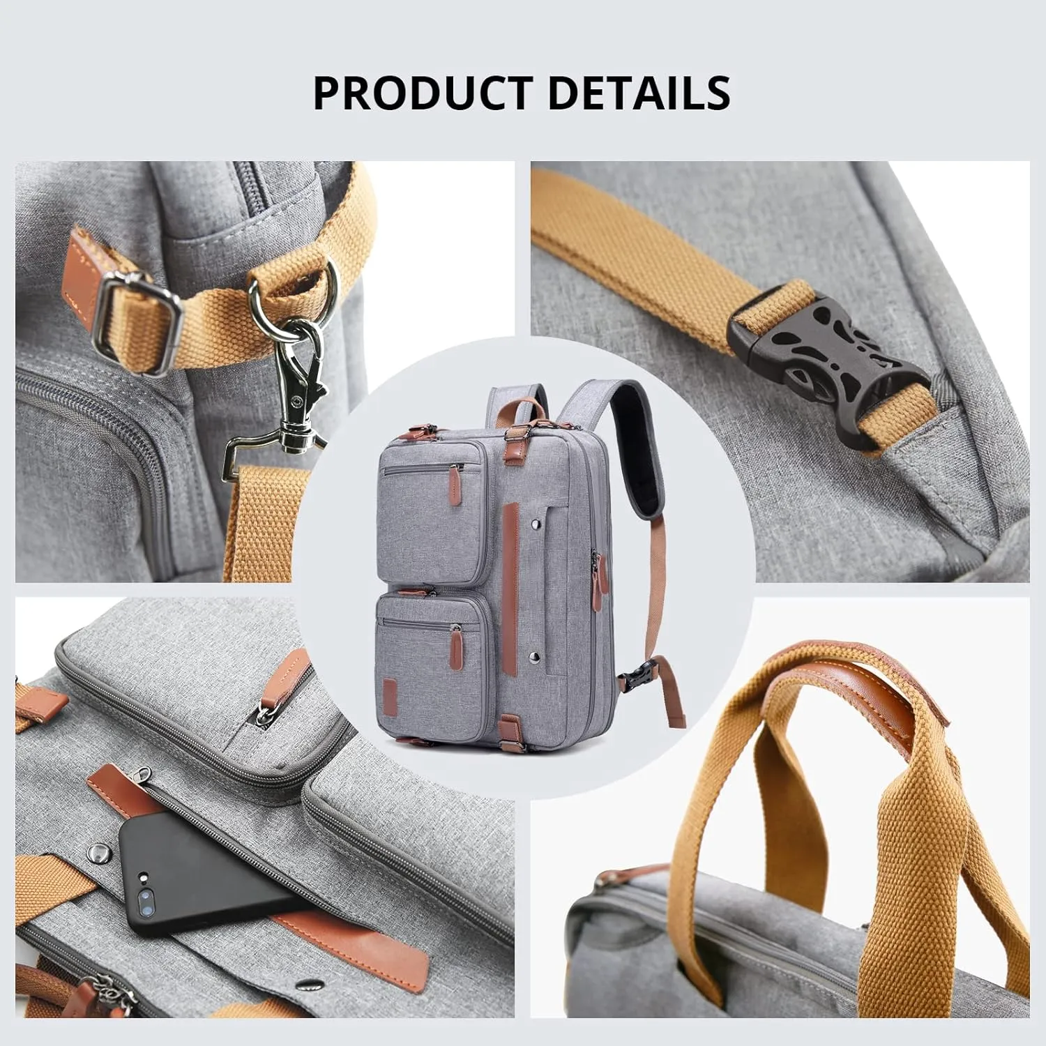 MOLNIA 3 in 1 Laptop Bag for Men, 17.3 inch Computer Bags for Men, Laptop Backpack, for Travel Business Work, Briefcases Messenger Bag for Men Women, Grey