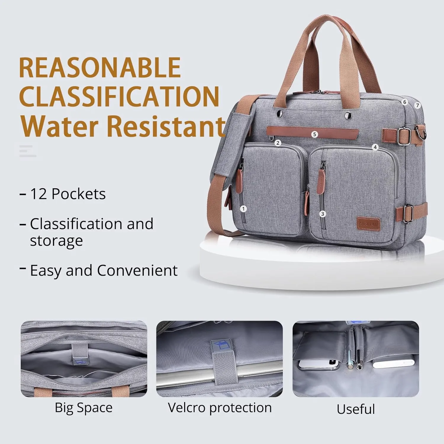 MOLNIA 3 in 1 Laptop Bag for Men, 17.3 inch Computer Bags for Men, Laptop Backpack, for Travel Business Work, Briefcases Messenger Bag for Men Women, Grey
