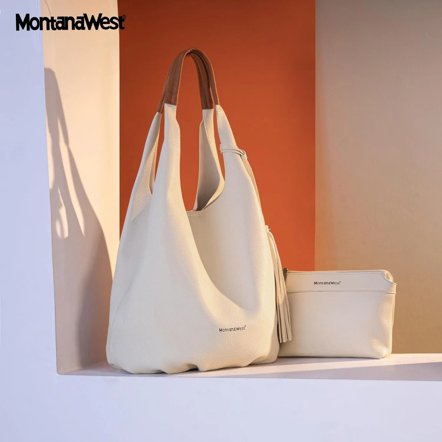 Montana West Hobo Bags for Women Slouchy Handbags 2PCS Tassels Shoulder Bag with Comestic Bag