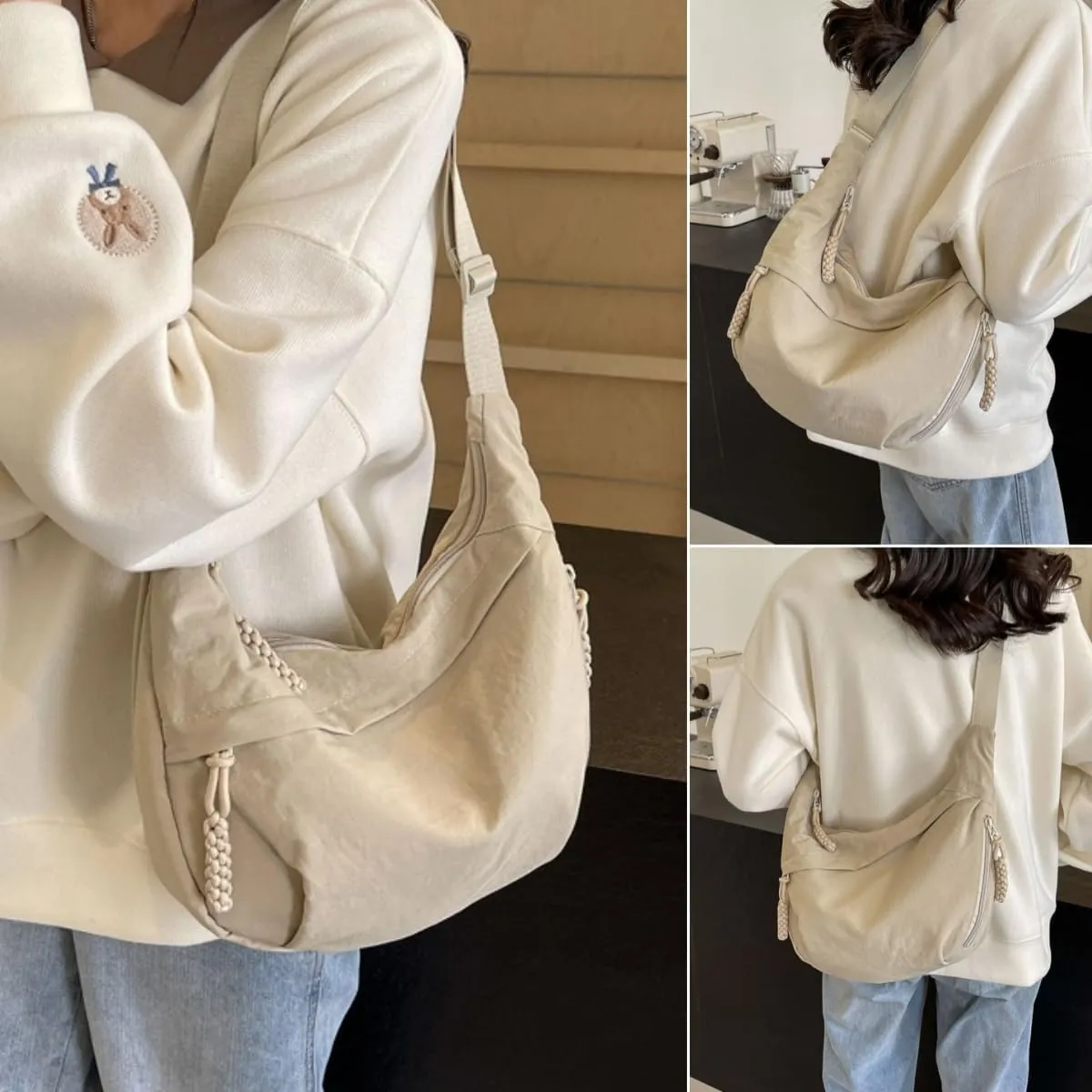 Nylon Crossbody Bags for Women, Trendy Medium Crescent Bag, Lightweight Woman Over Shoulder Purse with Zipper