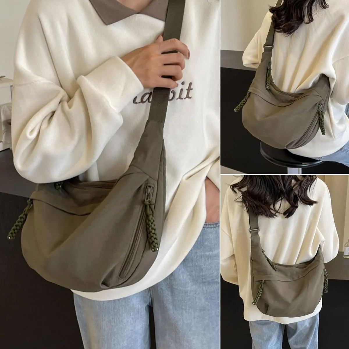 Nylon Crossbody Bags for Women, Trendy Medium Crescent Bag, Lightweight Woman Over Shoulder Purse with Zipper