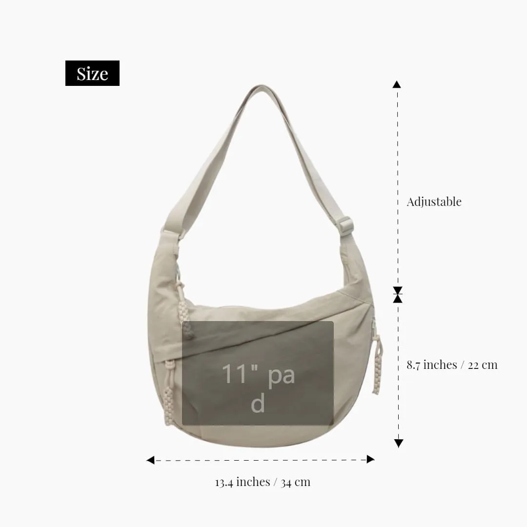 Nylon Crossbody Bags for Women, Trendy Medium Crescent Bag, Lightweight Woman Over Shoulder Purse with Zipper