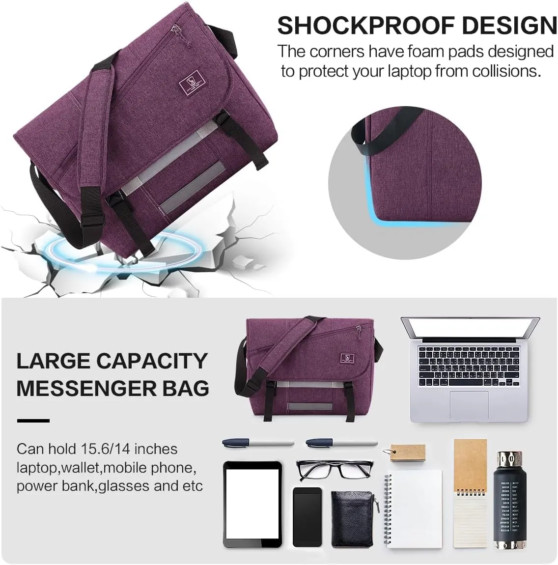 OIWAS Messenger Bag for Women, 15.6 Inch Laptop Crossbody Bags Men Casual Satchel Shoulder Bag College Travel Office Briefcase
