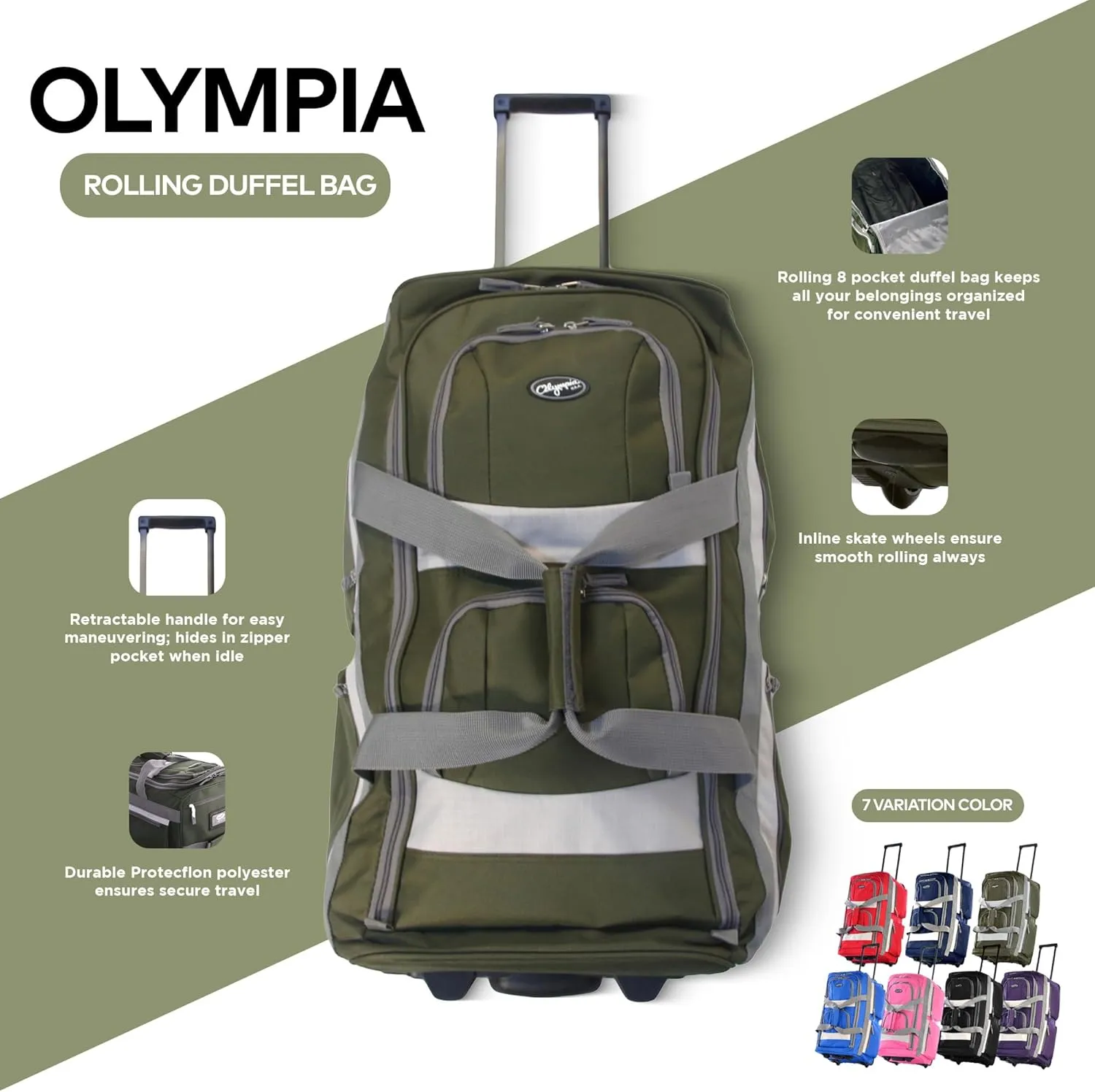 Olympia U.S.A. 22 inch Carry On 8 Pockets Wheeled Rolling Duffel Bag Water Resistant Luggage Lightweight Travel Suitcase with Retractable Handle