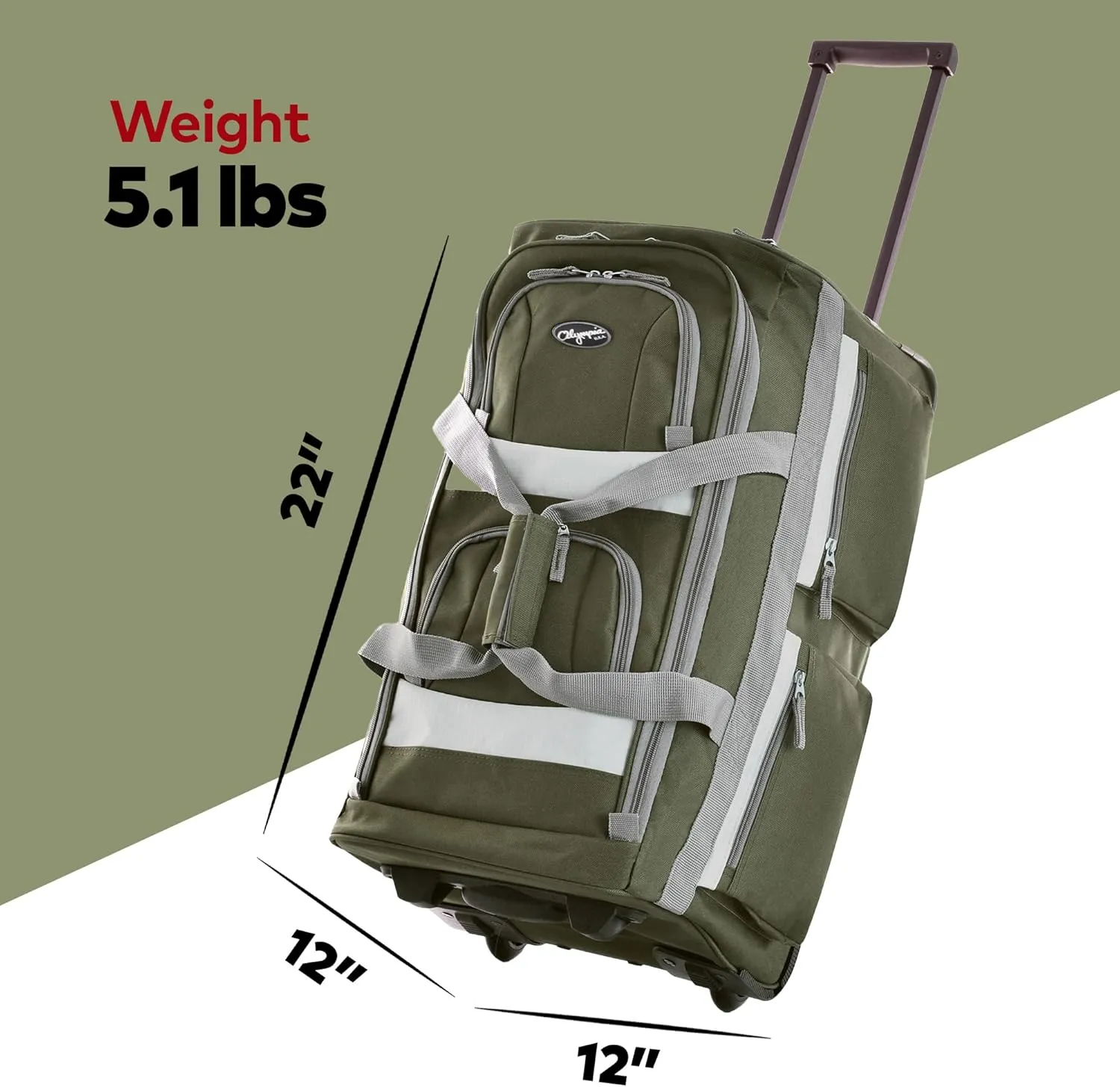 Olympia U.S.A. 22 inch Carry On 8 Pockets Wheeled Rolling Duffel Bag Water Resistant Luggage Lightweight Travel Suitcase with Retractable Handle
