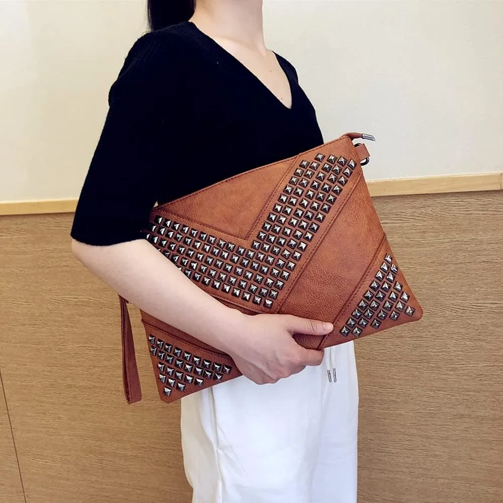 Oversized Clutch Bag Purse Women PU Leather Crossbody Shoulder Bags Studded Wristlet Handbag Rivet Envelope Clutches