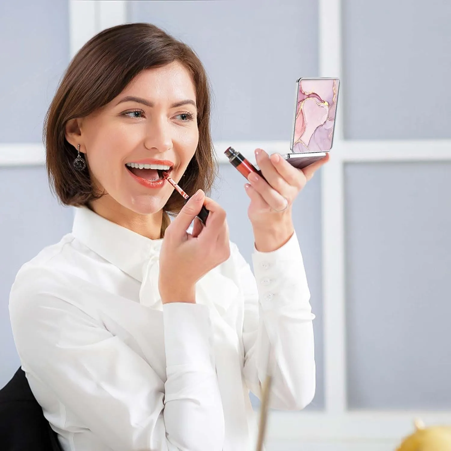 Pocket Mirror, Small Travel Mirror with Magnification, Portable Double-Sided Magnifying Cosmetic Mirror for Daily (Pink Marble)