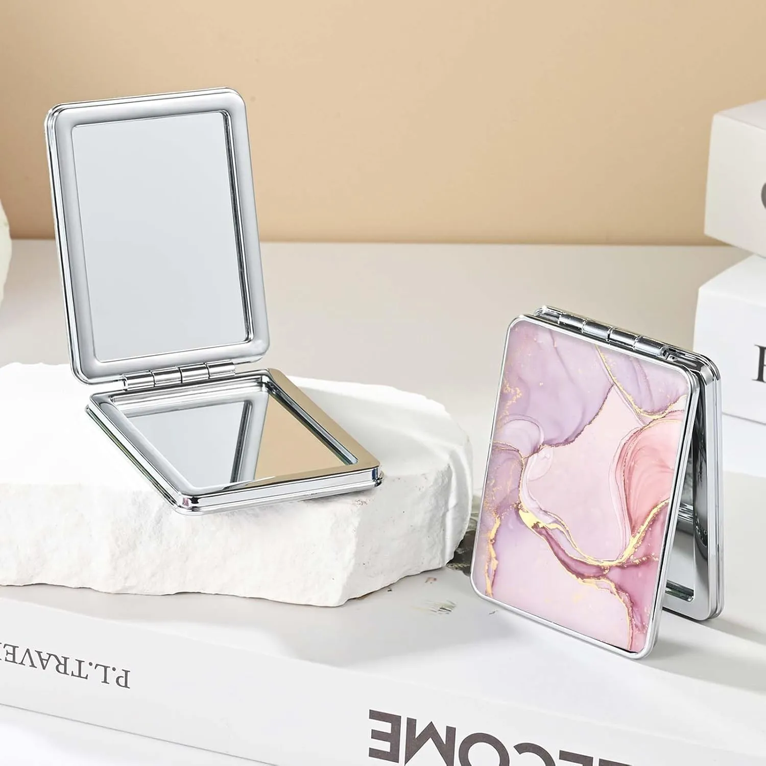 Pocket Mirror, Small Travel Mirror with Magnification, Portable Double-Sided Magnifying Cosmetic Mirror for Daily (Pink Marble)