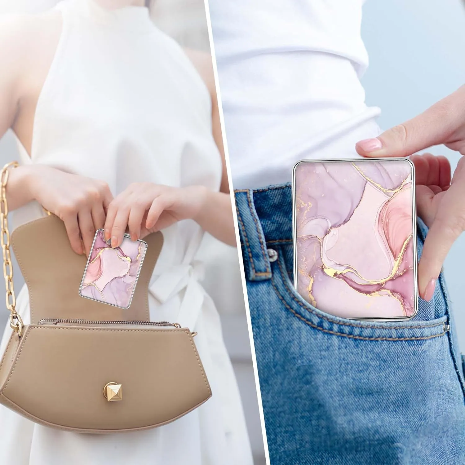 Pocket Mirror, Small Travel Mirror with Magnification, Portable Double-Sided Magnifying Cosmetic Mirror for Daily (Pink Marble)