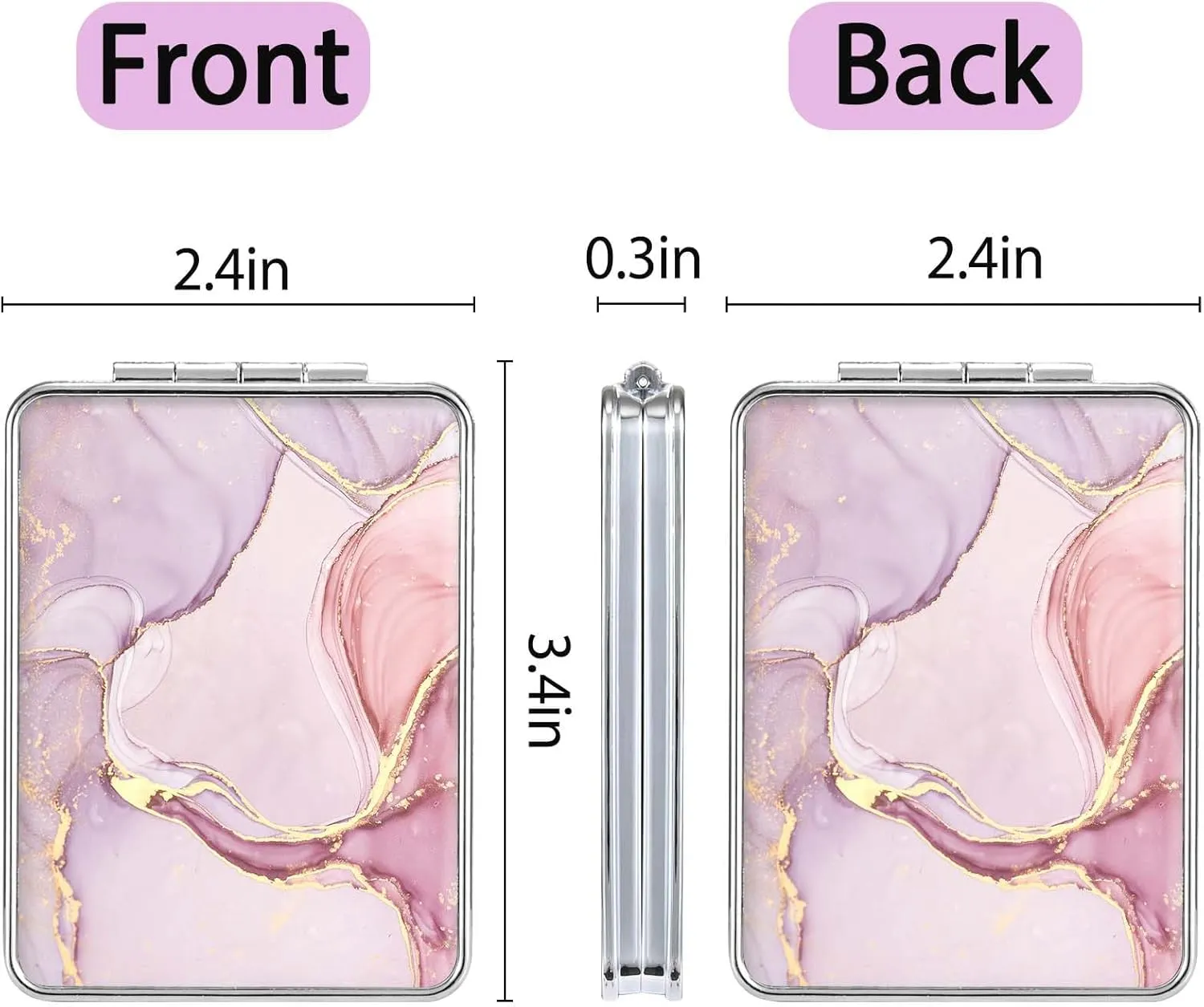 Pocket Mirror, Small Travel Mirror with Magnification, Portable Double-Sided Magnifying Cosmetic Mirror for Daily (Pink Marble)