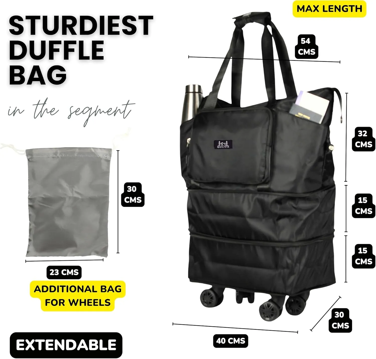 Premium Rolling Duffle Bag with Wheels, Expandable Foldable Duffle Bag with pockets for Water bottle with Wheels carrying pouch & Handle for Travel,Rolling Luggage bag with Front Pouch. (Black, 55L)