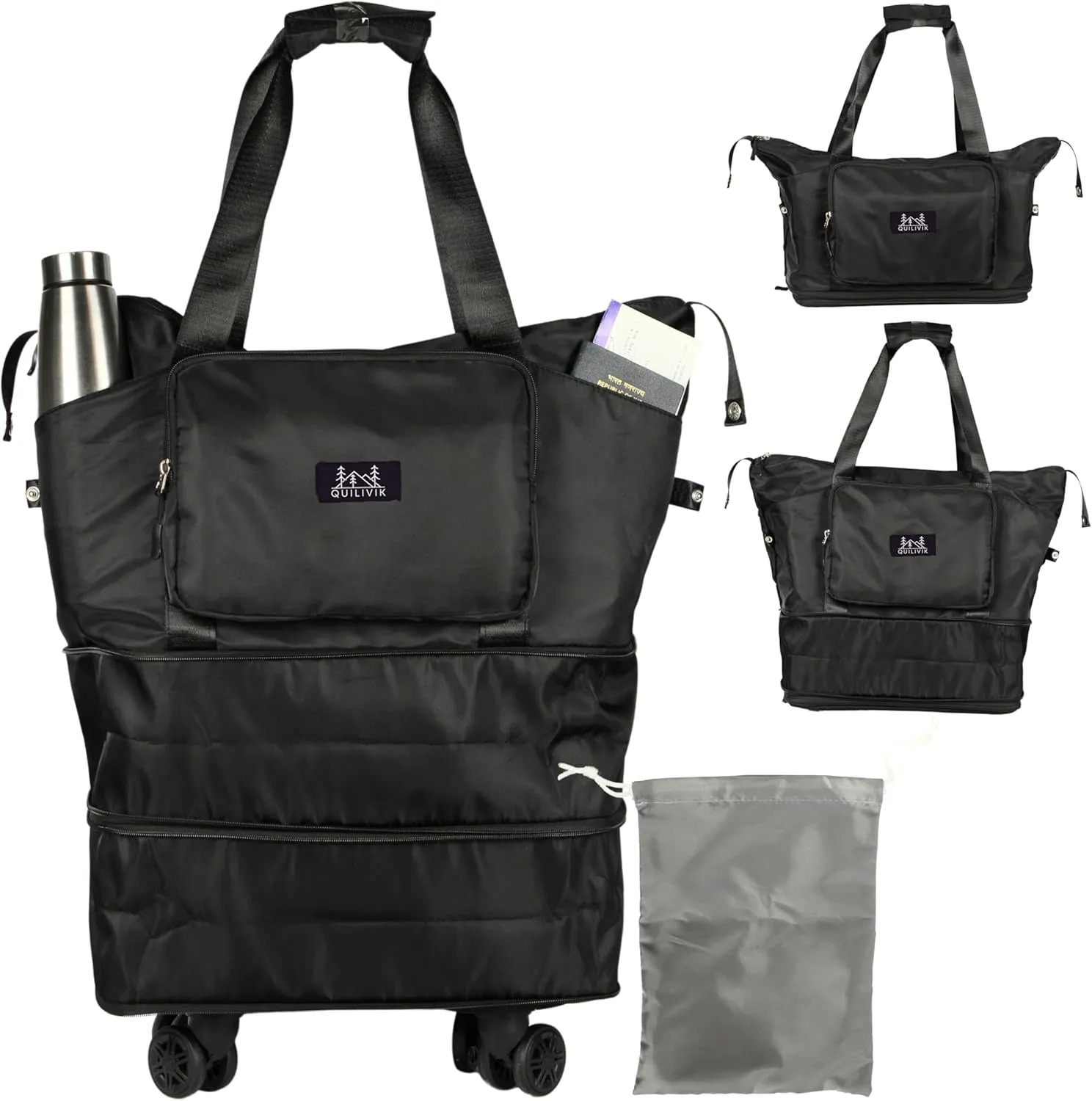 Premium Rolling Duffle Bag with Wheels, Expandable Foldable Duffle Bag with pockets for Water bottle with Wheels carrying pouch & Handle for Travel,Rolling Luggage bag with Front Pouch. (Black, 55L)