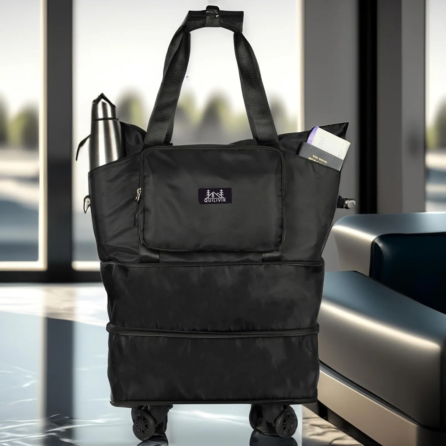 Premium Rolling Duffle Bag with Wheels, Expandable Foldable Duffle Bag with pockets for Water bottle with Wheels carrying pouch & Handle for Travel,Rolling Luggage bag with Front Pouch. (Black, 55L)