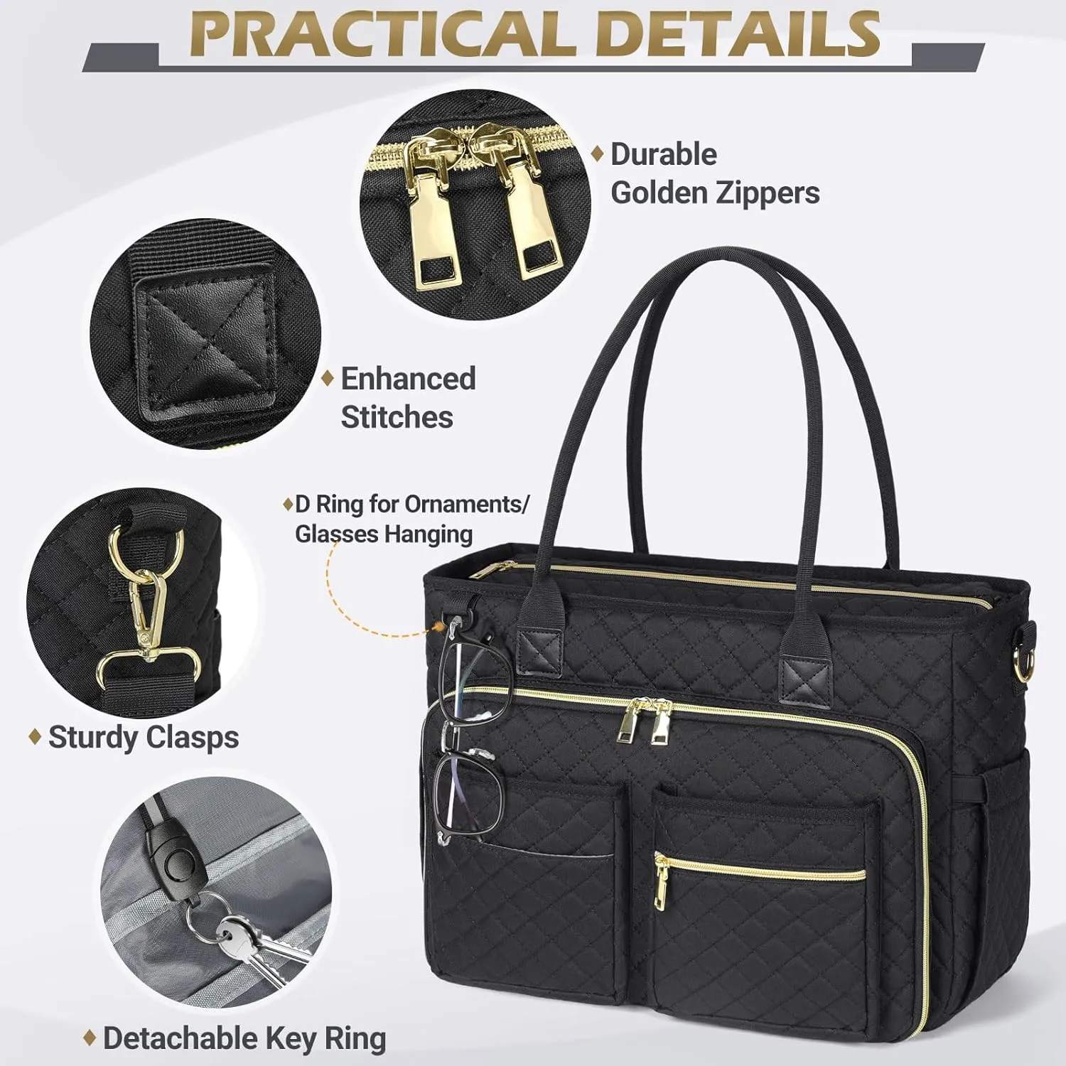 RAINSMORE Teacher Tote Bag 15.6 inch Laptop Bag for Women Work Bags Laptop Tote Nurse Bag Professional Computer Messenger with Insulated Pocket, Laptop Briefcase for Office, College, Nursing, Black