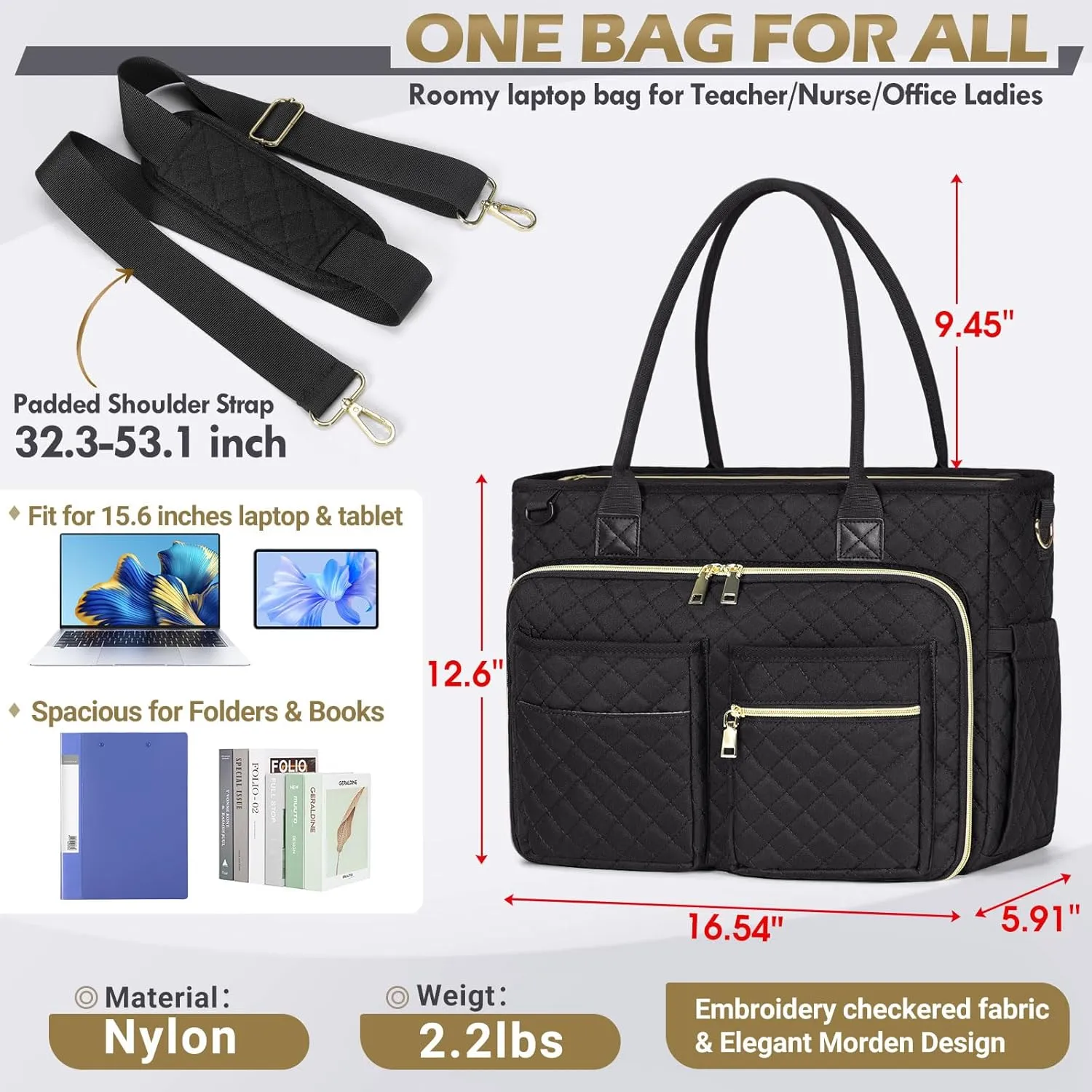RAINSMORE Teacher Tote Bag 15.6 inch Laptop Bag for Women Work Bags Laptop Tote Nurse Bag Professional Computer Messenger with Insulated Pocket, Laptop Briefcase for Office, College, Nursing, Black