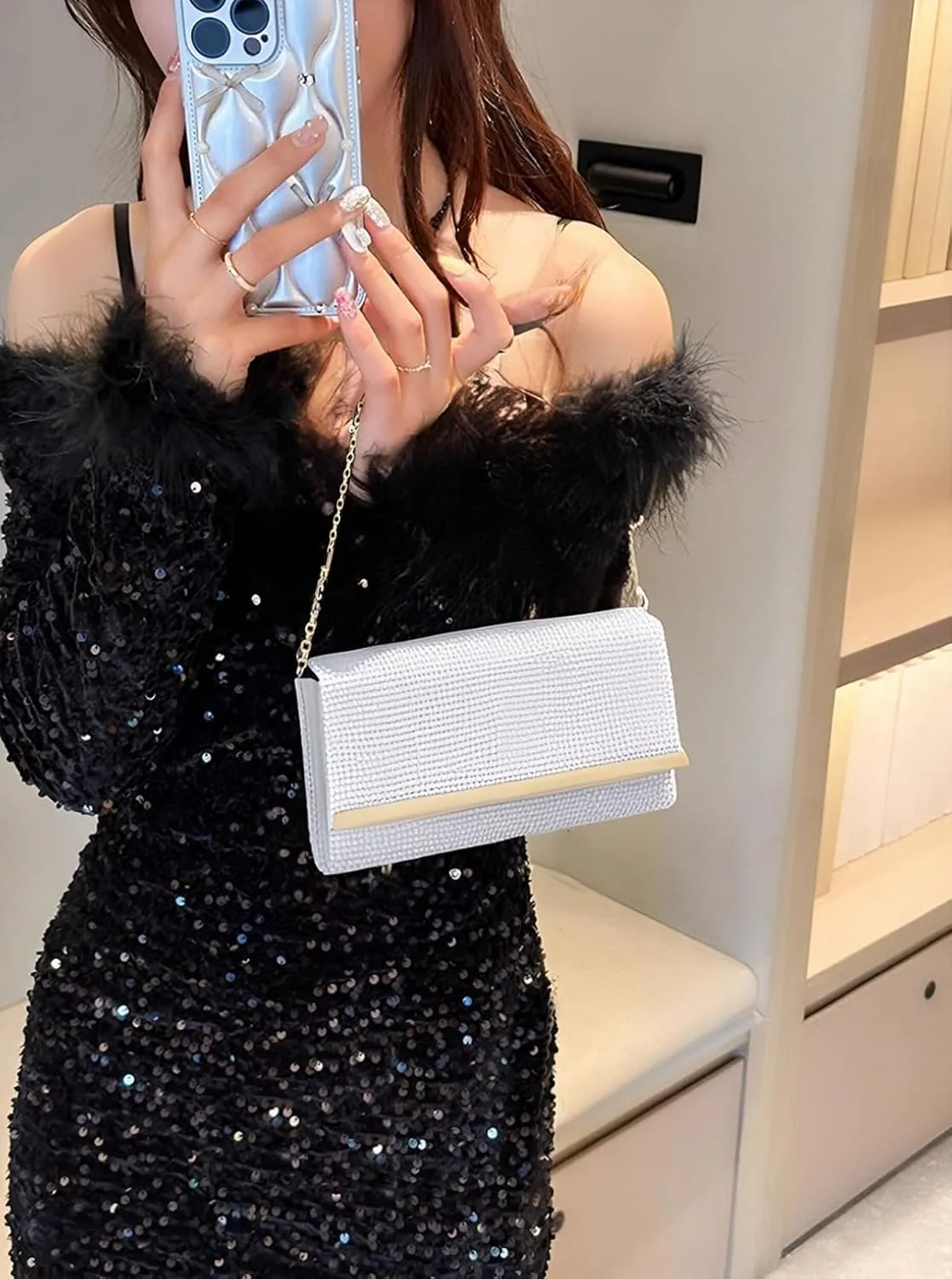 Rhinestone Clutch Purses for Women Handbags Shiny Sequin Envelope Clutch Evening Bag with Chain