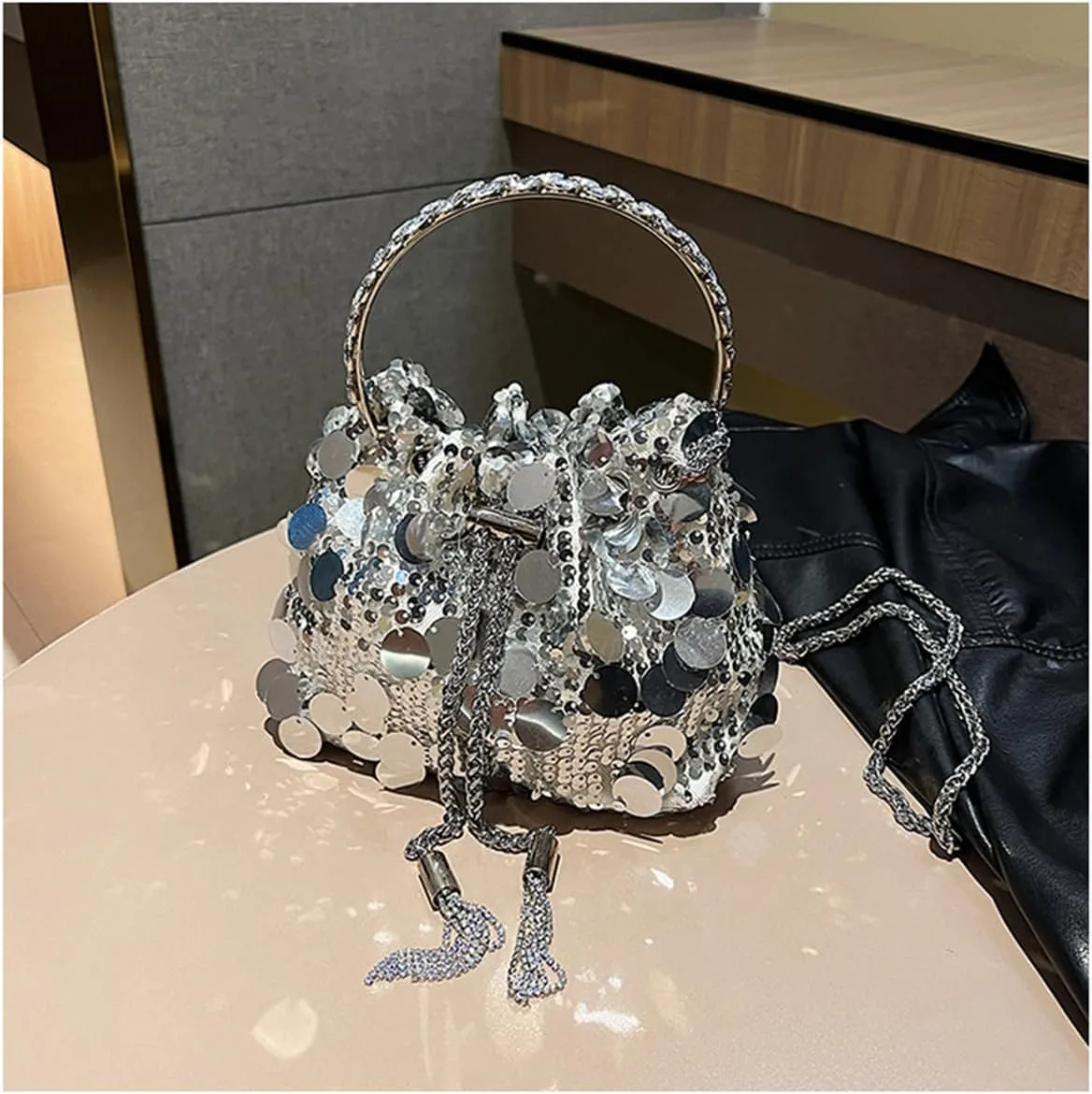 RomanticDesign Women Sparkly Sequin Clutch Purse Glitter Metal Tassel Evening Handbag Crossbody Bag for Party Prom Banquet