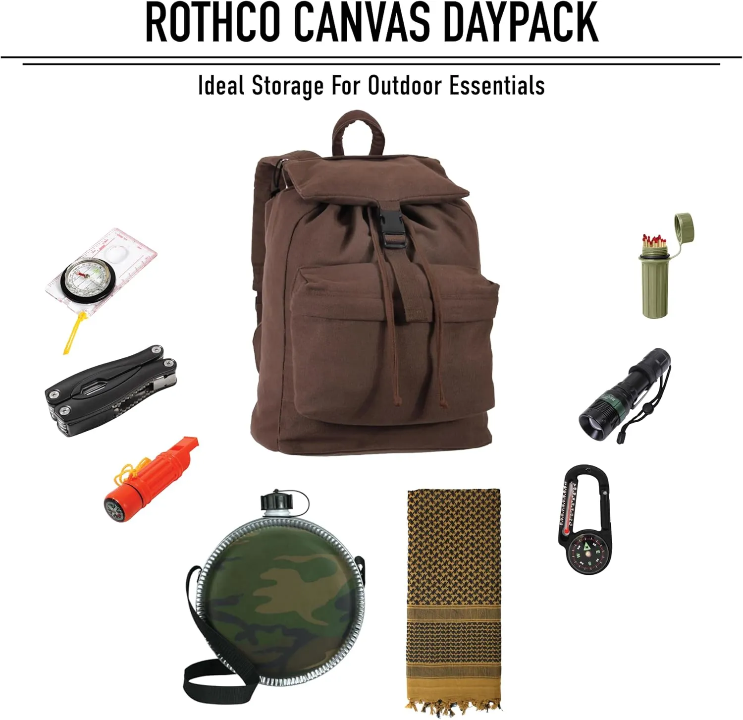 Rothco Canvas Daypack  Heavy-Duty Cotton Canvas Backpack for Hiking, Camping, Traveling, and Daily Use  34L Capacity