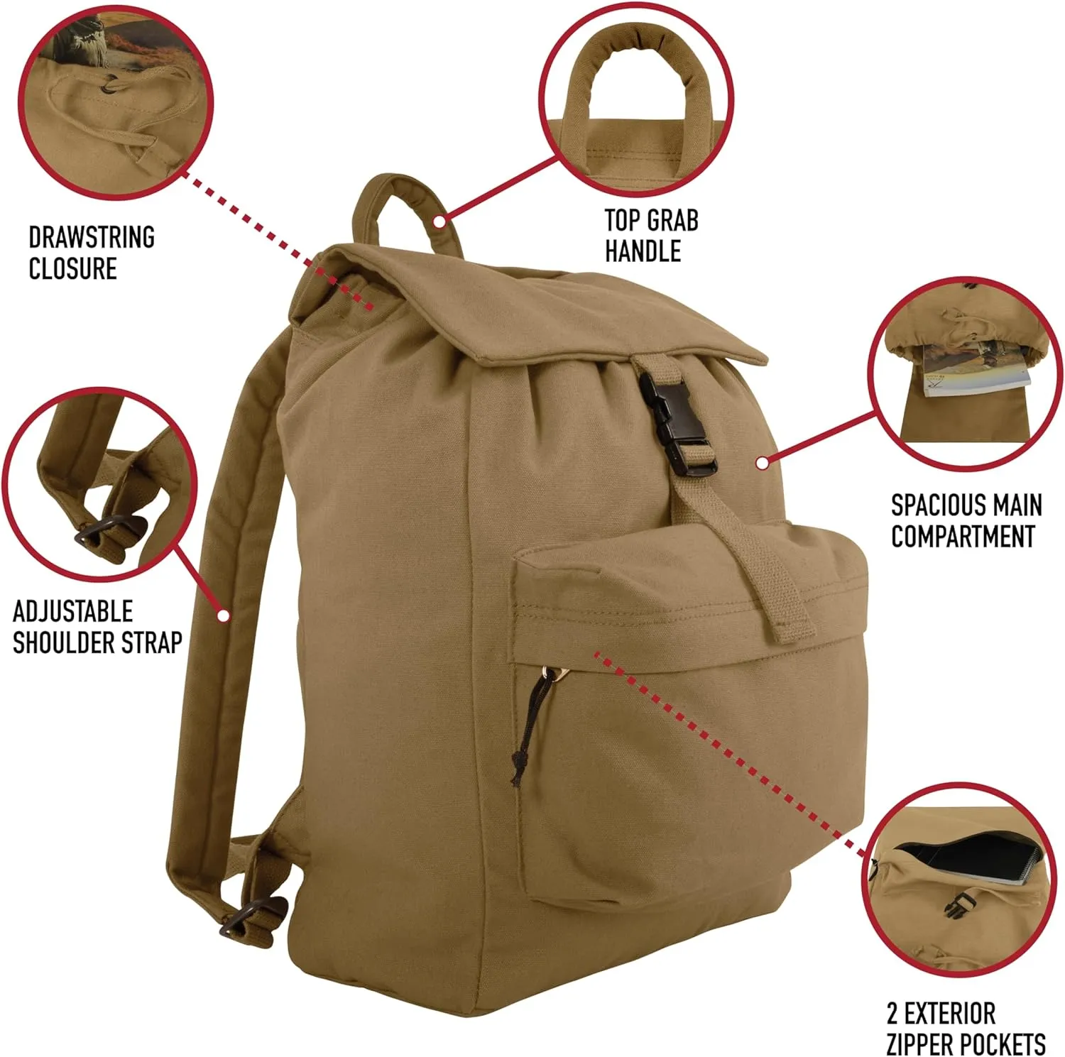 Rothco Canvas Daypack  Heavy-Duty Cotton Canvas Backpack for Hiking, Camping, Traveling, and Daily Use  34L Capacity