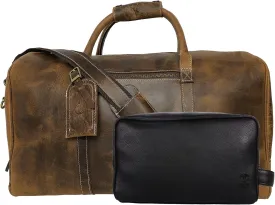 RUSTIC TOWN Genuine Leather Duffel Bag and Toiletry Bag Weekend Organizer Combo - The Best Masculine Travel Gift For Men Women
