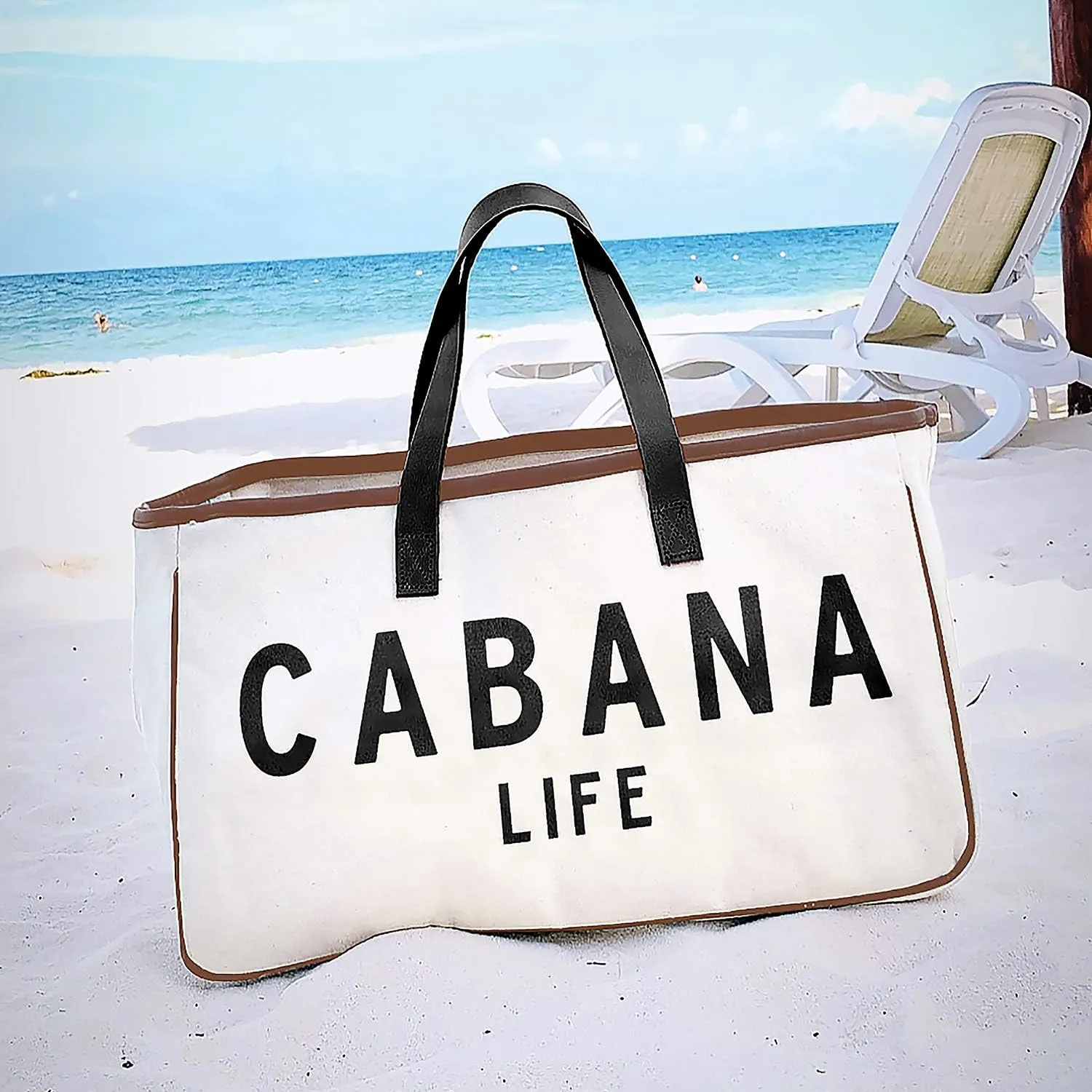 Santa Barbara Design Studio Tote Bag Hold Everything Collection Black and White 100% Cotton Canvas with Leather Handles