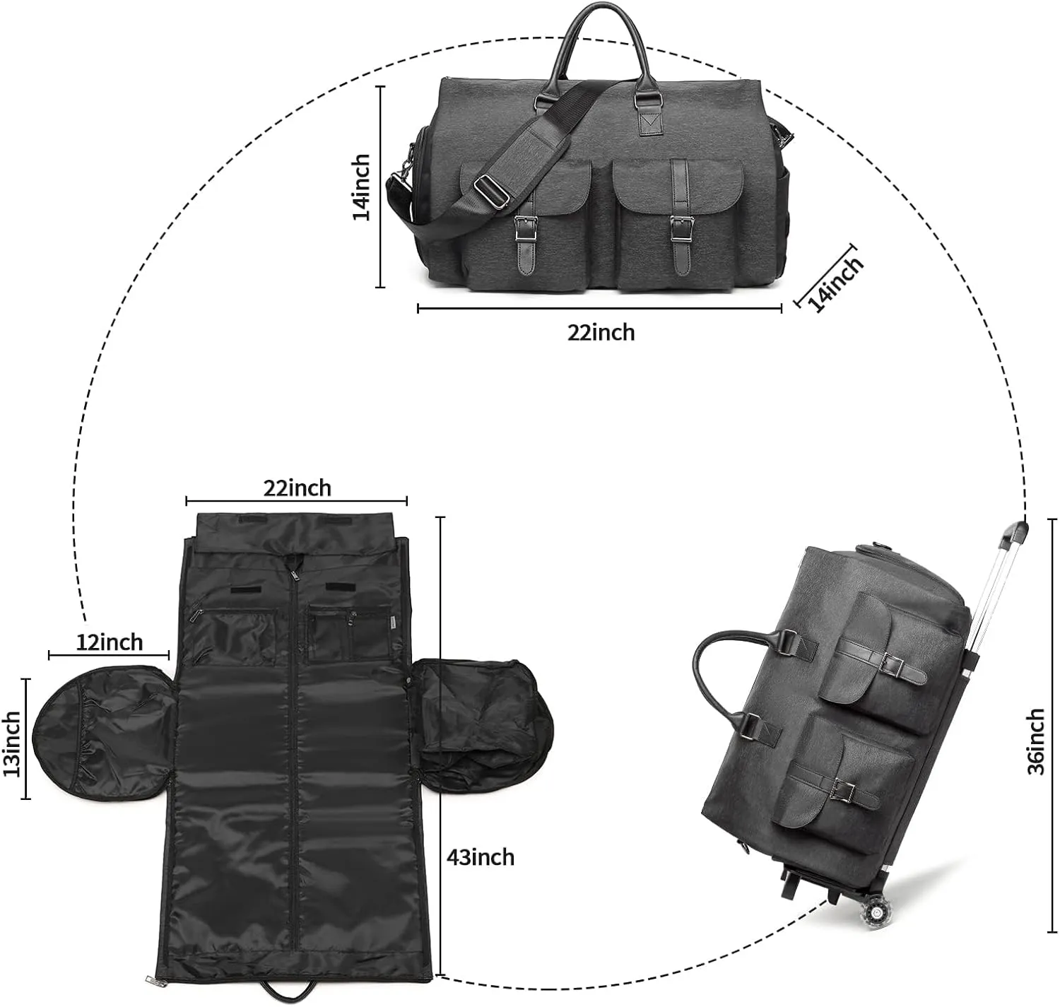 seyfocnia Rolling Garment Bag,Rolling Duffle Bag with Wheels Rolling Garment Bags for Travel with Shoe Pouch Carry On Bag Weekender Bags Garment Duffel Bag for Men or Women-Grey