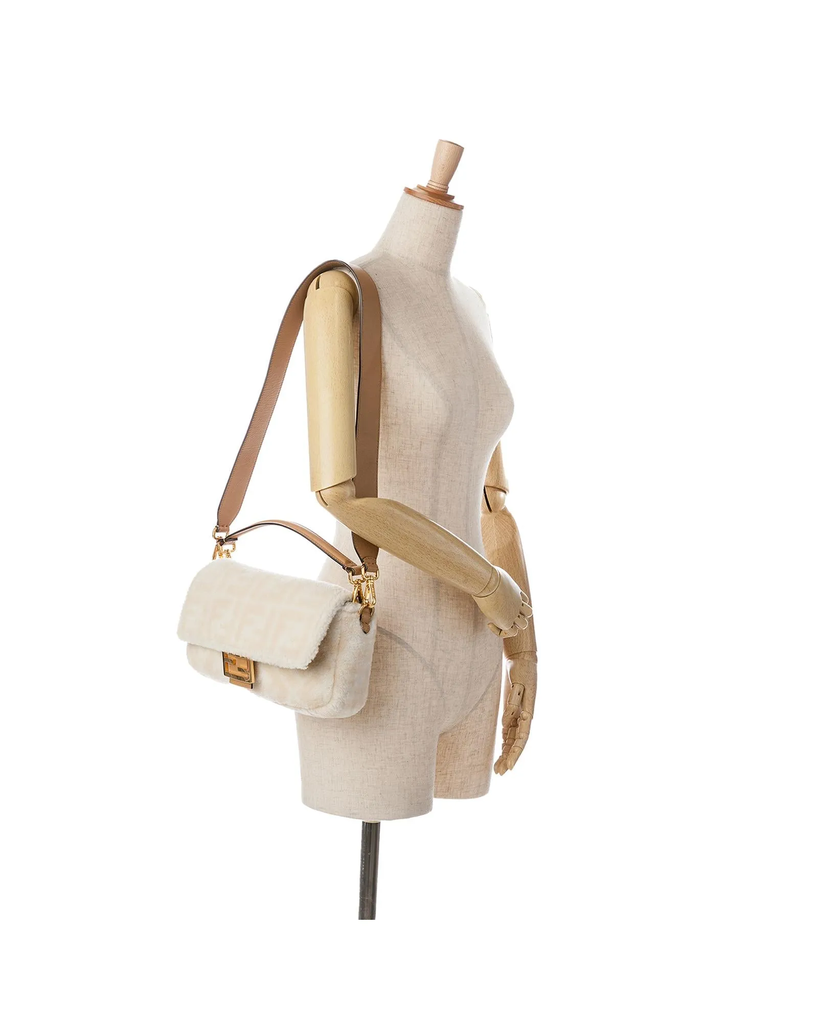 Shearling Fur Baguette Satchel with Leather Handle and Detachable Strap