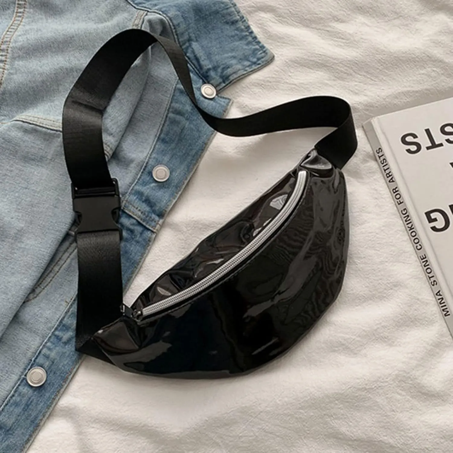 Shoulder bag 1PC Holographic Pack Waist Bag PU Beach Travel Banana Hip Bum Zip Women Purse Belt Bags Girl Chest Bags(Black) (Orange)
