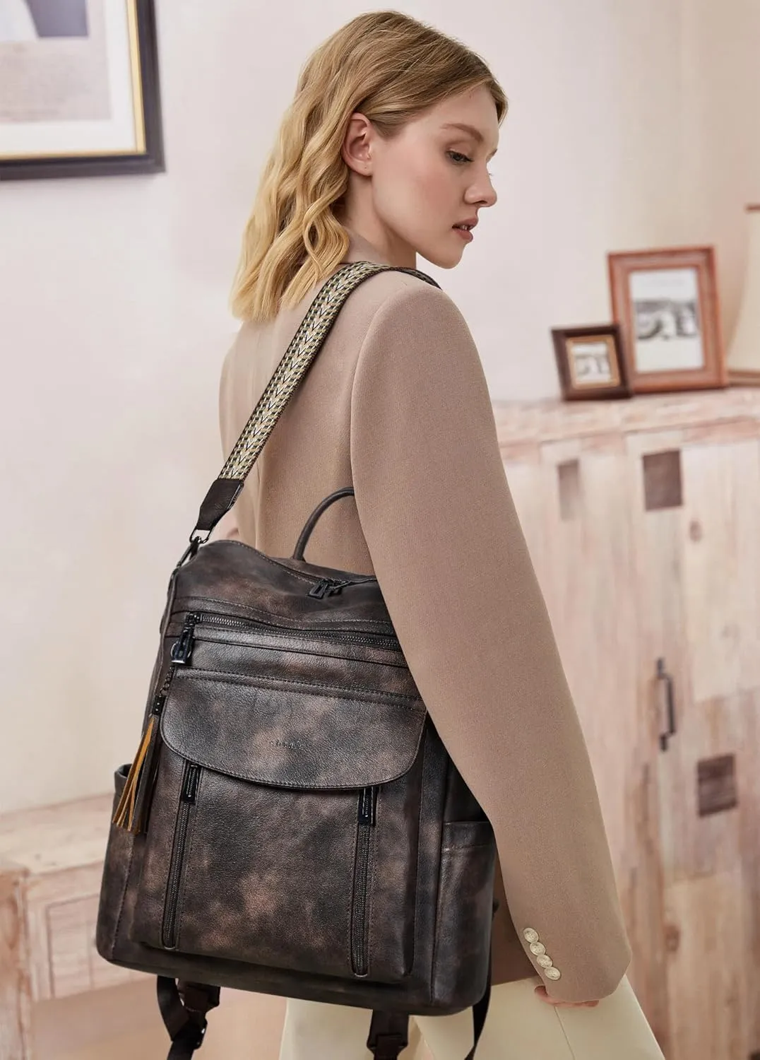Shrrie Laptop Backpack for Women 15.6 inch,Travel Leather Backpack Purse Nurse Teacher Carry on Backpack Computer Bag,Professional Water-Resistant College Business Work Casual Daypack,Two-toned Coffee